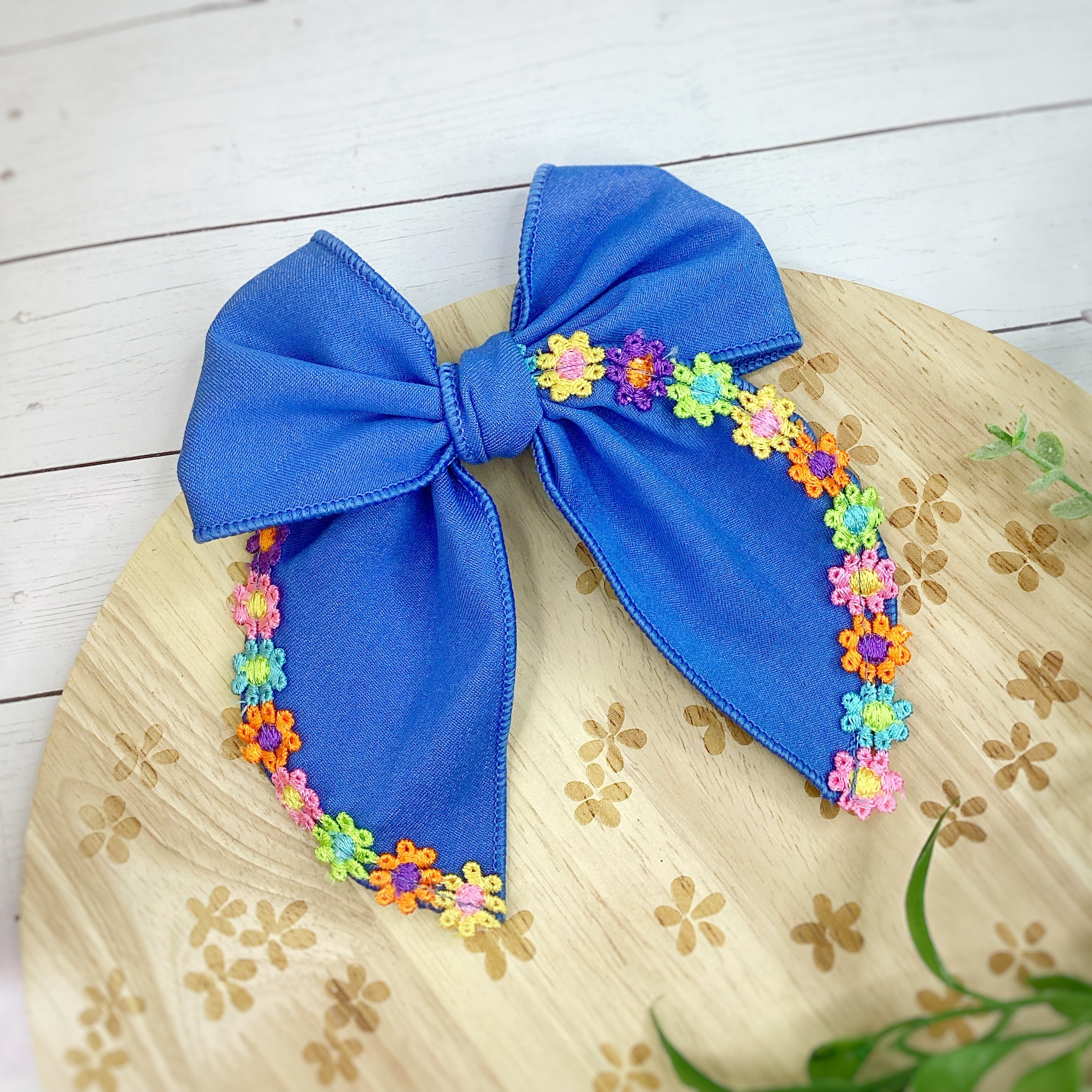 Denim Rainbow Floral Trimmed Pre-Tied Bow Strips