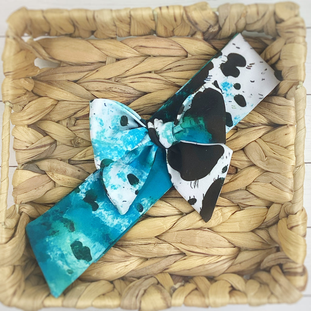 Turquoise Western Cow Print Bow Strip and Scrunchie Collection