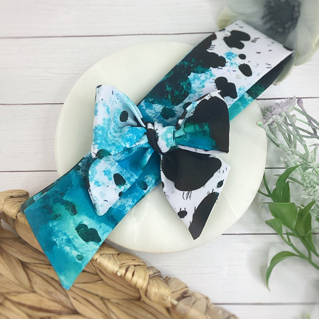 Turquoise Western Cow Print Bow Strip and Scrunchie Collection