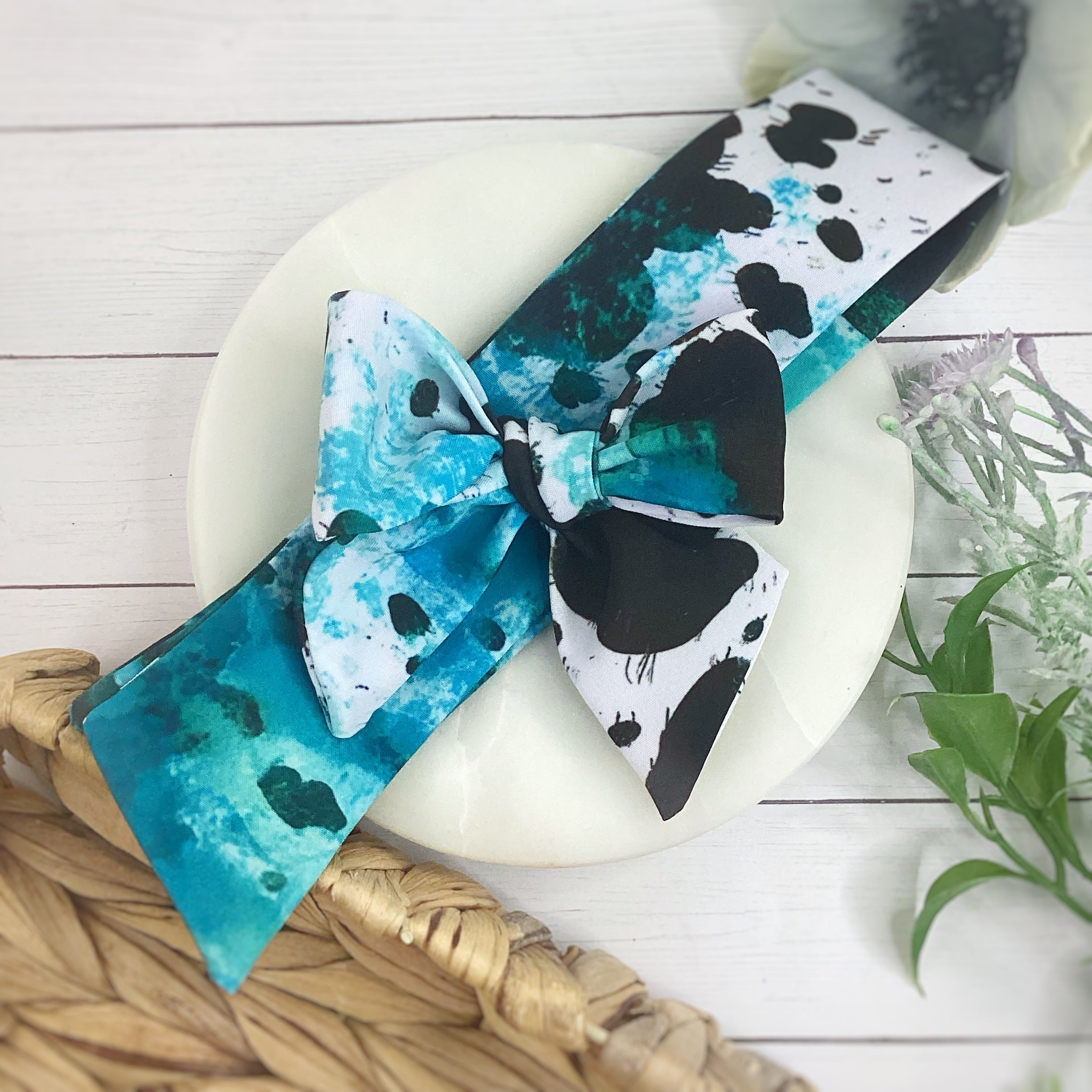 Turquoise Western Cow Print Bow Strip and Scrunchie Collection