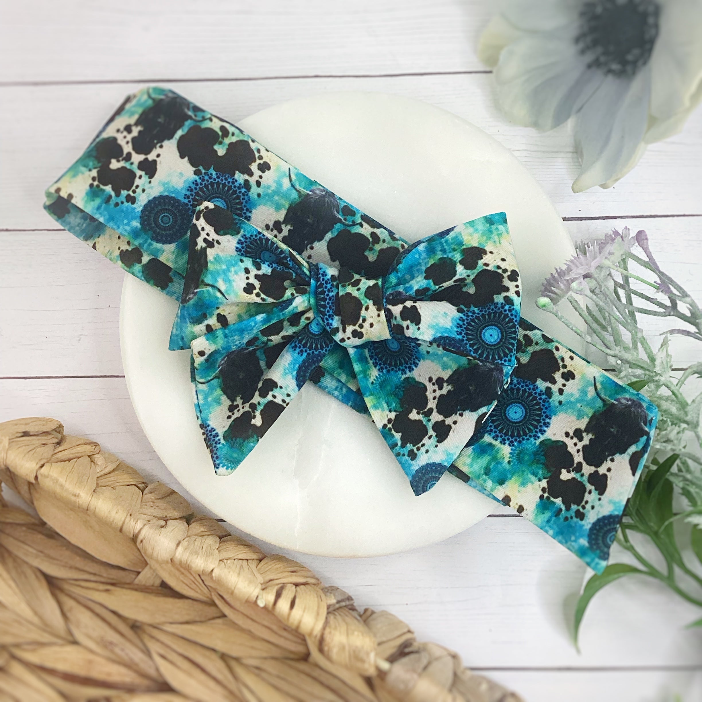 Dusty Western Cow Print Bow Strip and Scrunchie Collection
