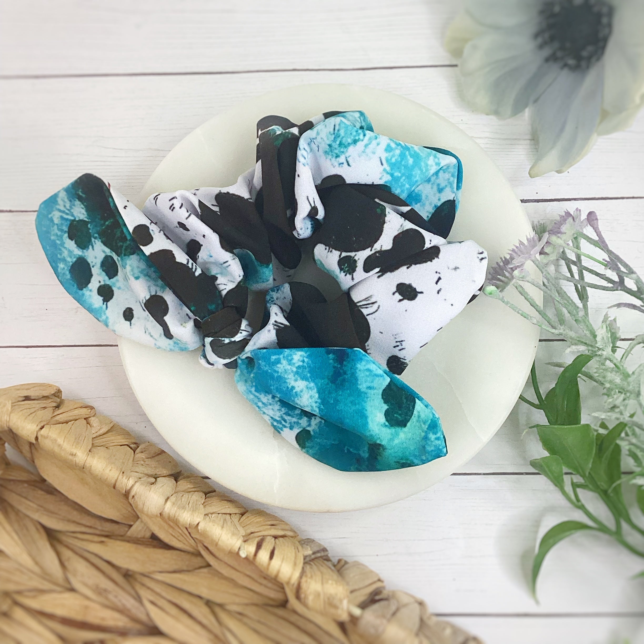 Turquoise Western Cow Print Bow Strip and Scrunchie Collection