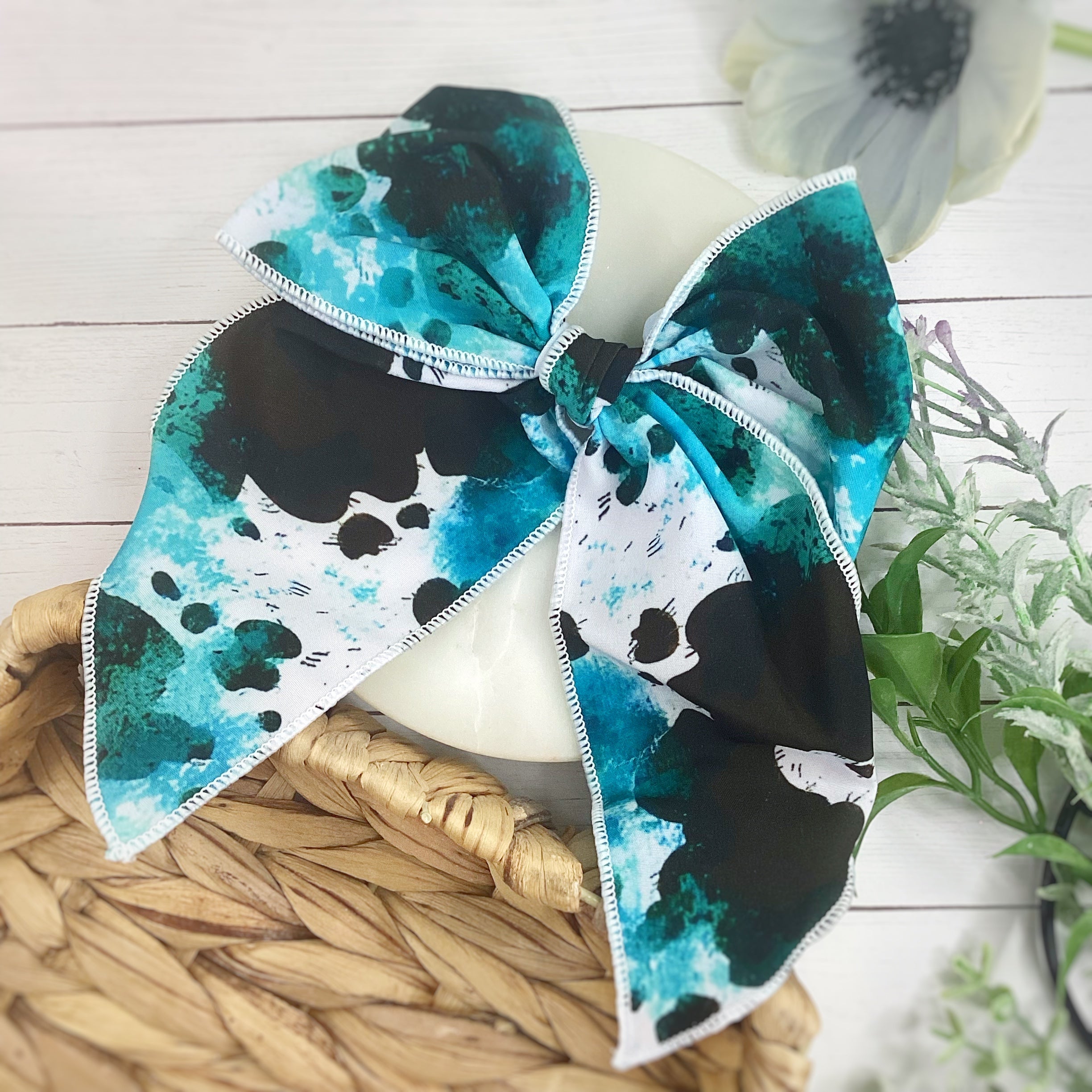 Turquoise Western Cow Print Bow Strip and Scrunchie Collection