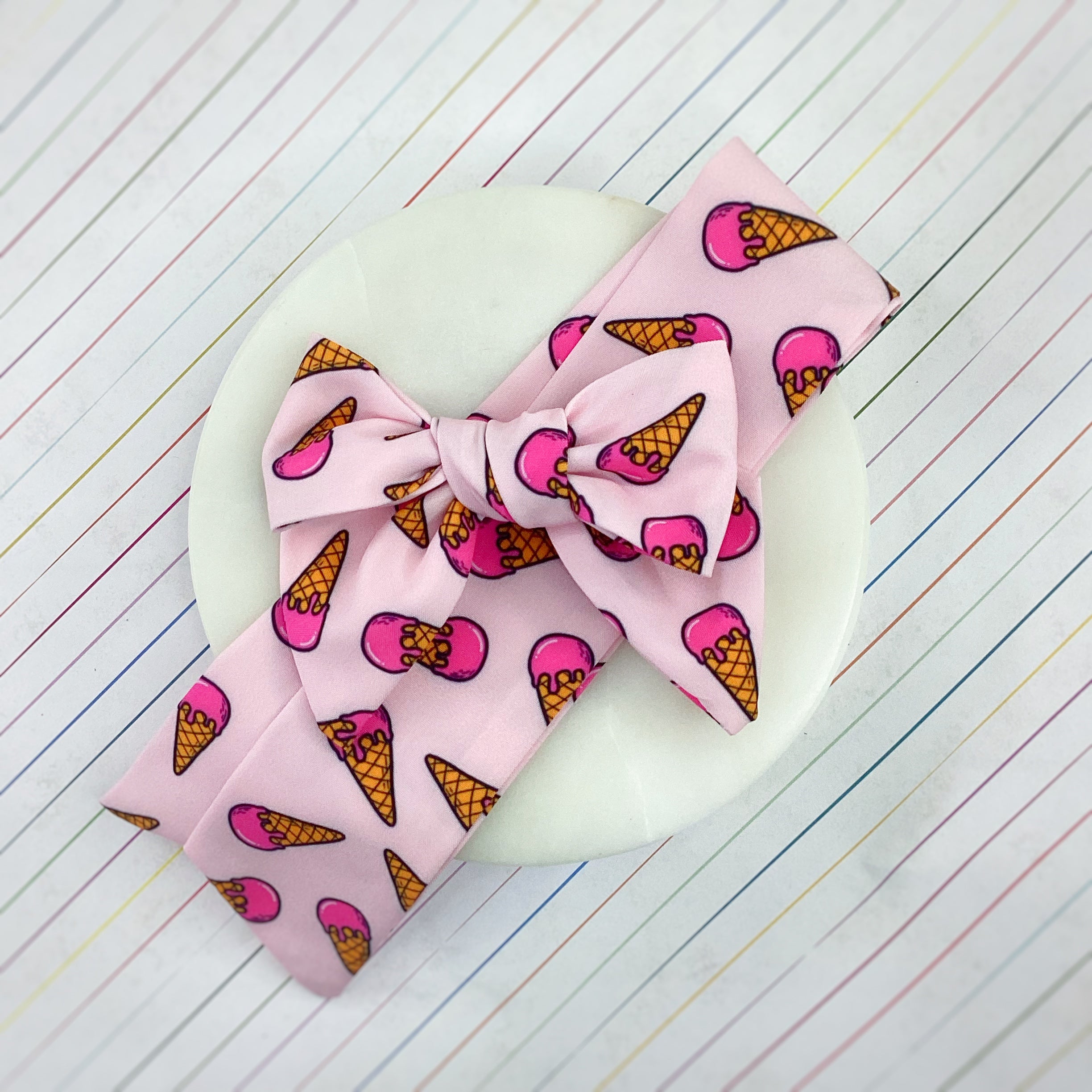 Pink Ice Cream Cones Bow Strip, Headband and Scrunchie Collection