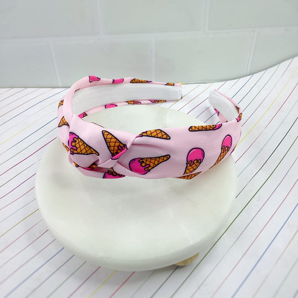 Pink Ice Cream Cones Bow Strip, Headband and Scrunchie Collection