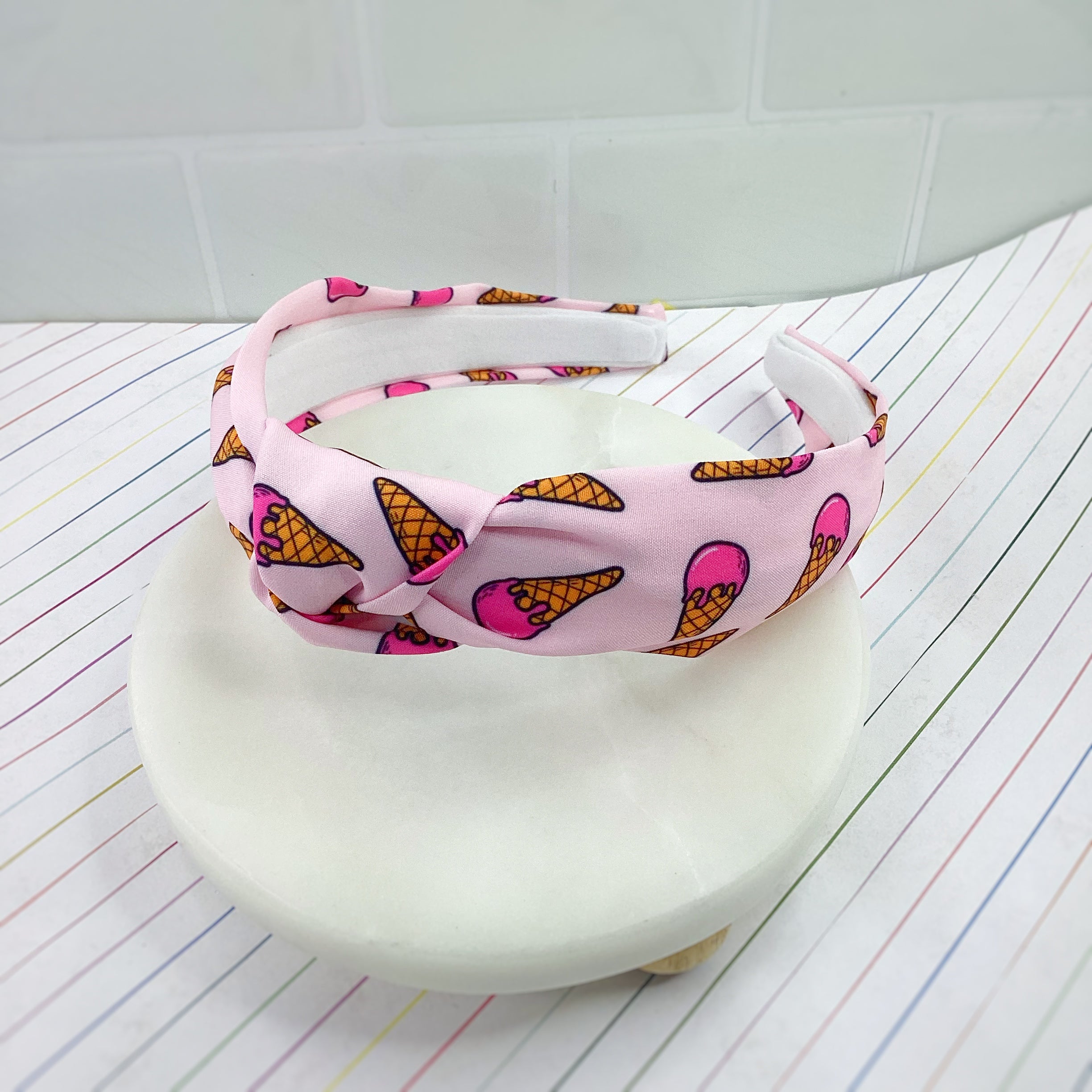 Pink Ice Cream Cones Bow Strip, Headband and Scrunchie Collection