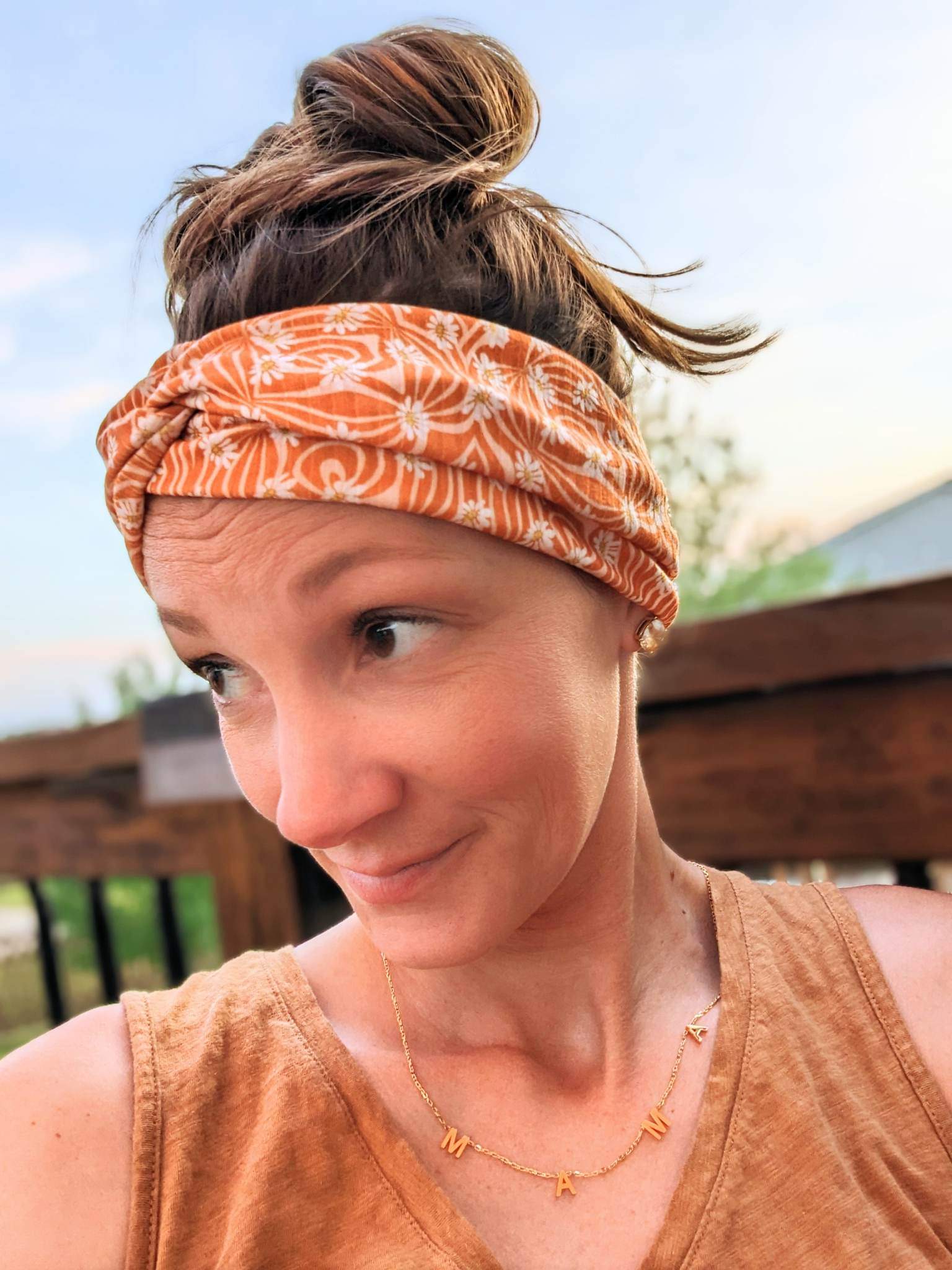 Groovy Rust Daisies Bow Strip, Headband and Scrunchie Collection
