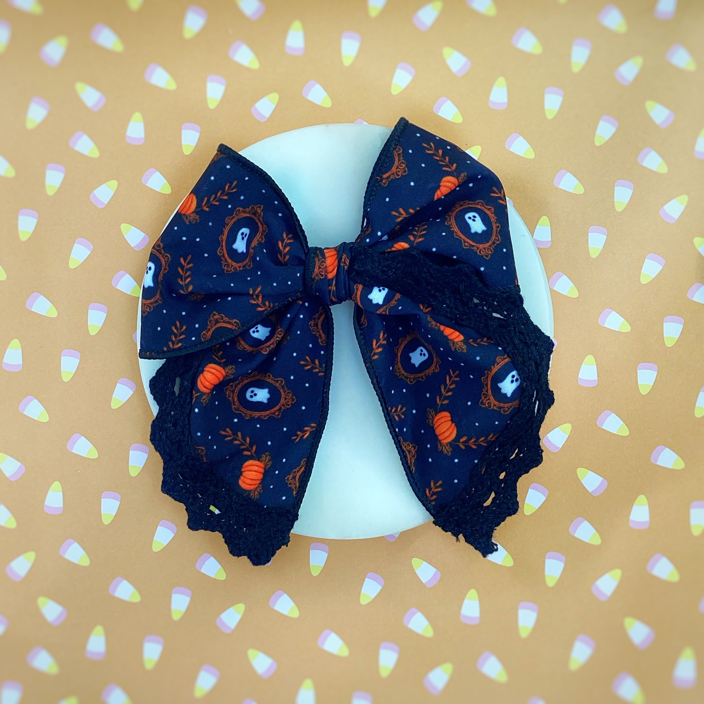 Framed Ghosts and Pumpkins Bow Strip, Headband and Scrunchie Collection