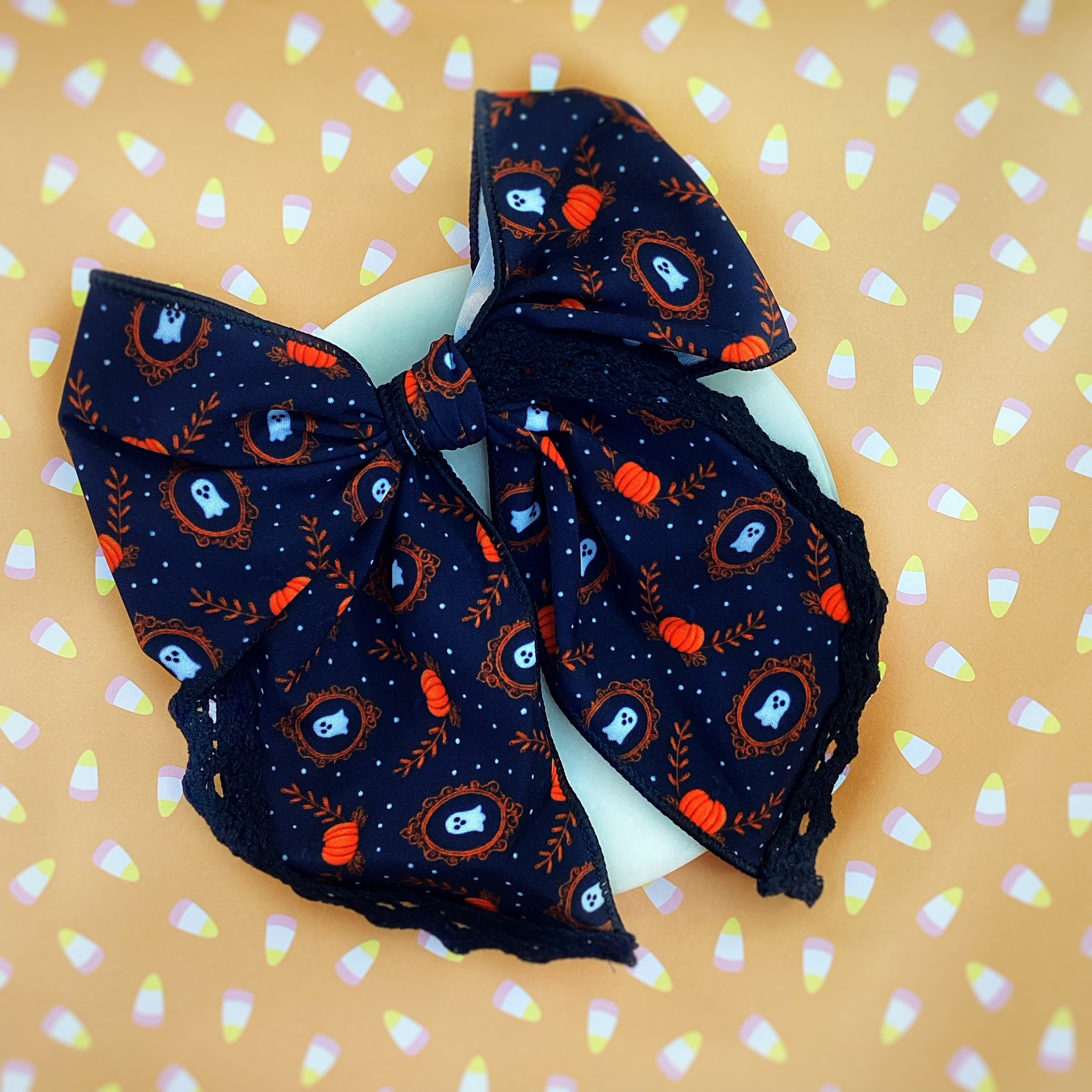 Framed Ghosts and Pumpkins Bow Strip, Headband and Scrunchie Collection