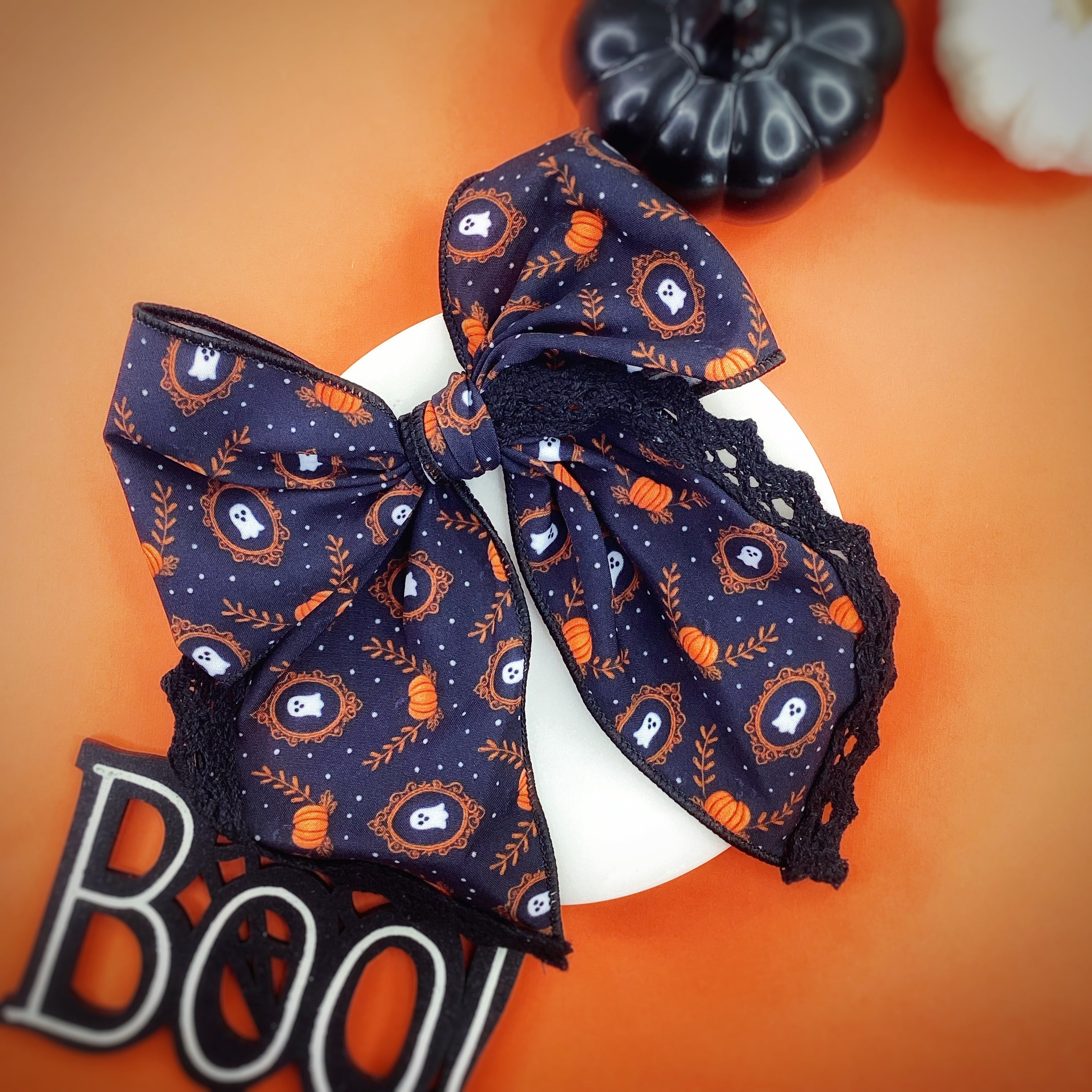 Framed Ghosts and Pumpkins Bow Strip, Headband and Scrunchie Collection