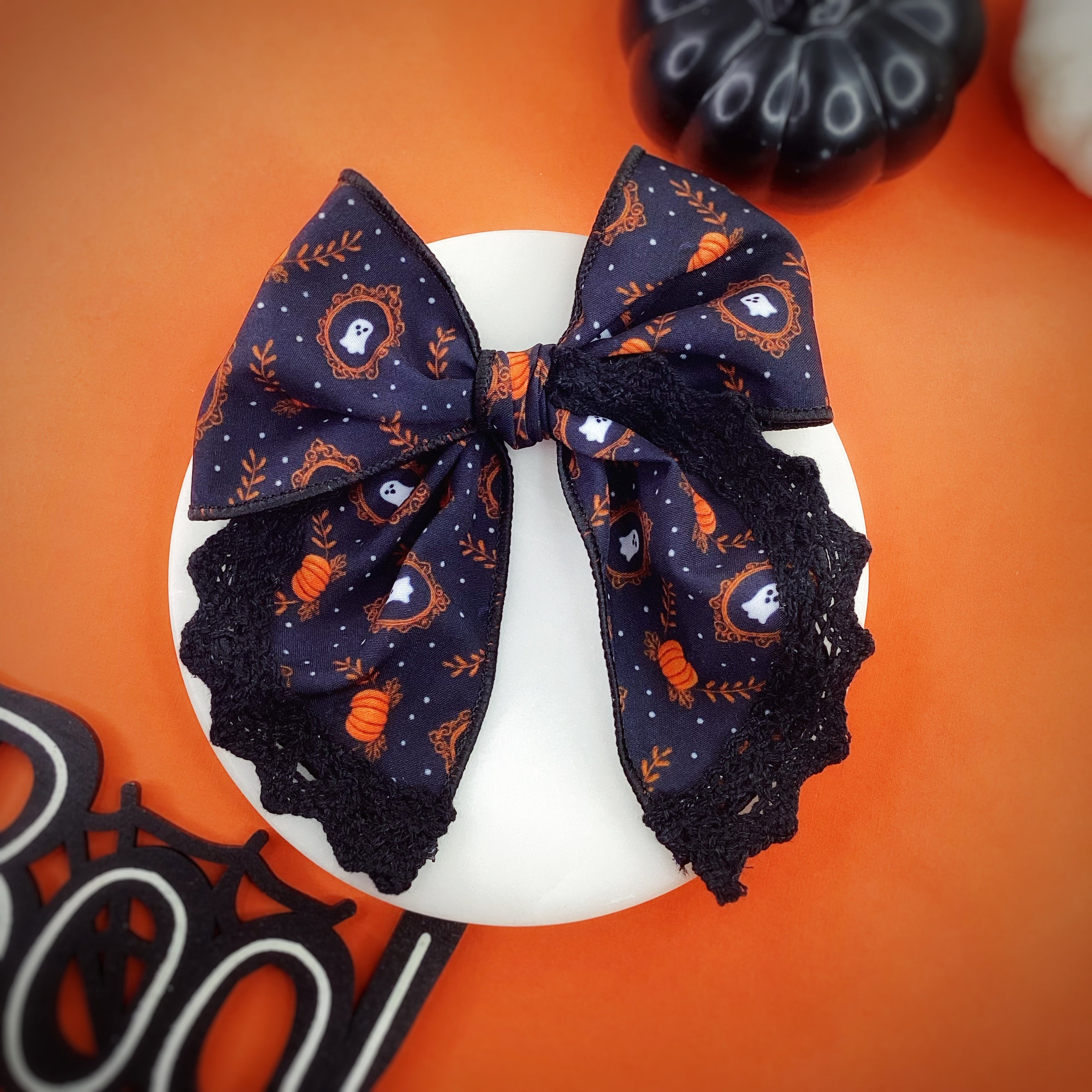Framed Ghosts and Pumpkins Bow Strip, Headband and Scrunchie Collection