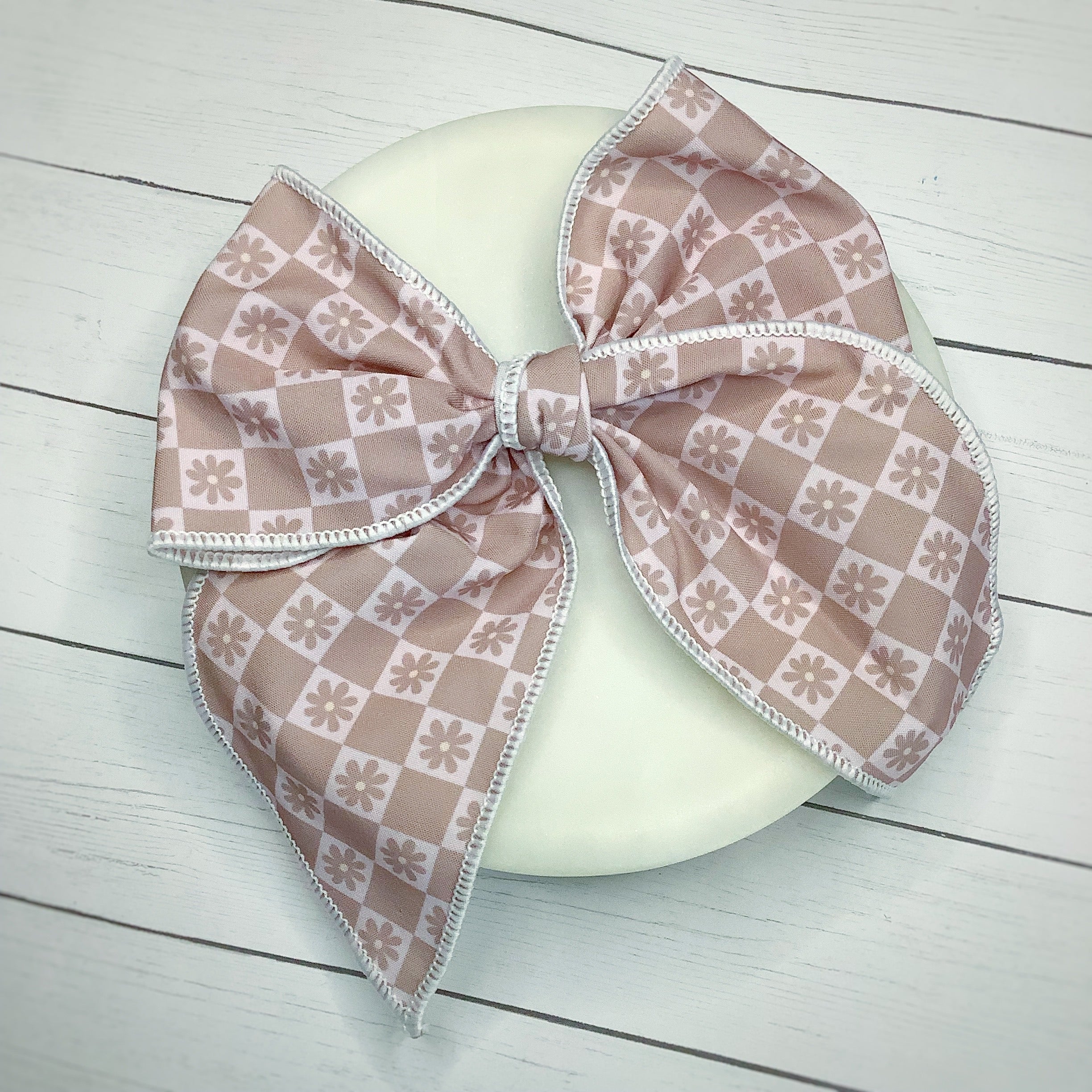Neutral Checkered Daisies Bow Strip, Headband and Scrunchie Collection