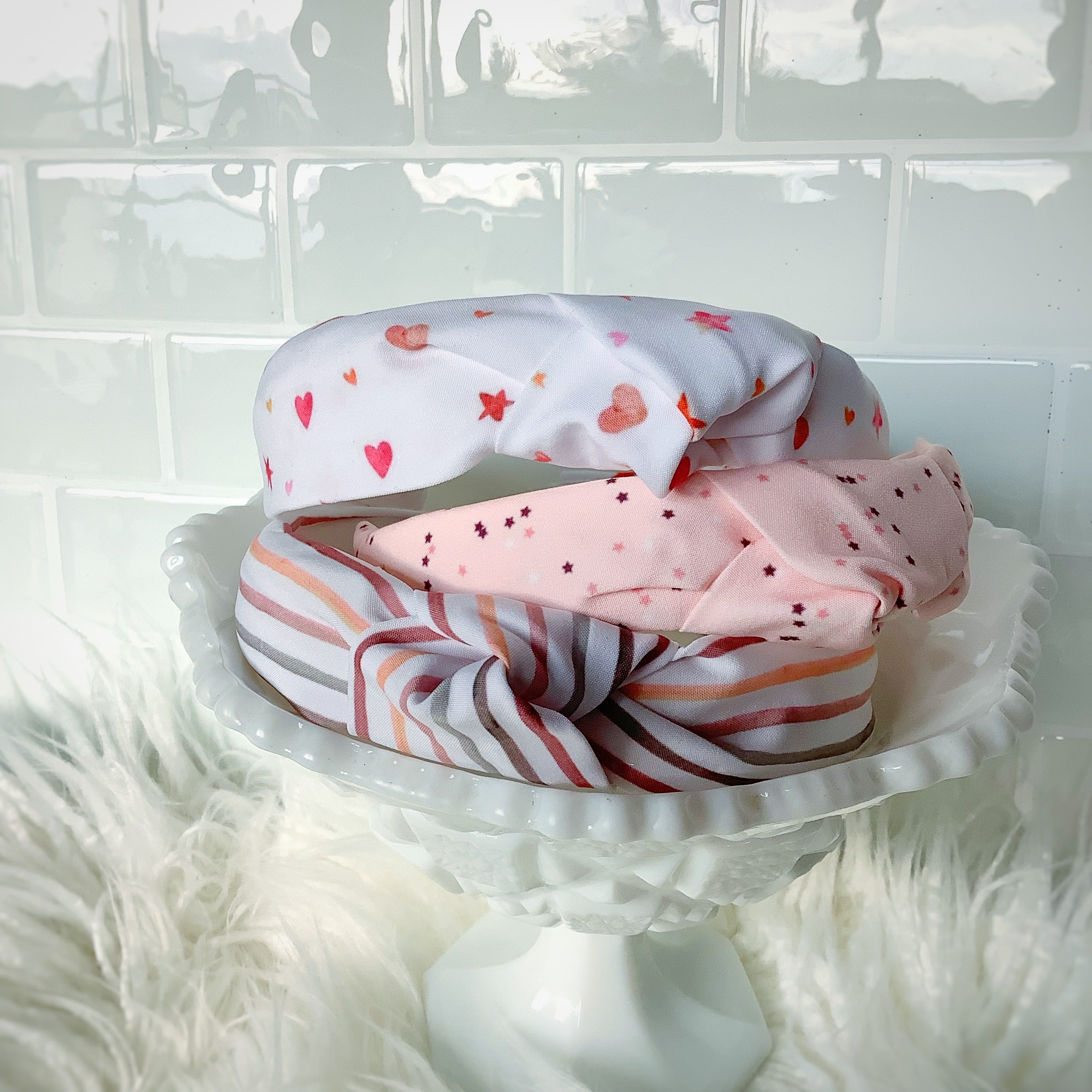Watercolor Stars and Hearts Bow Strip, Headband and Scrunchie Collection