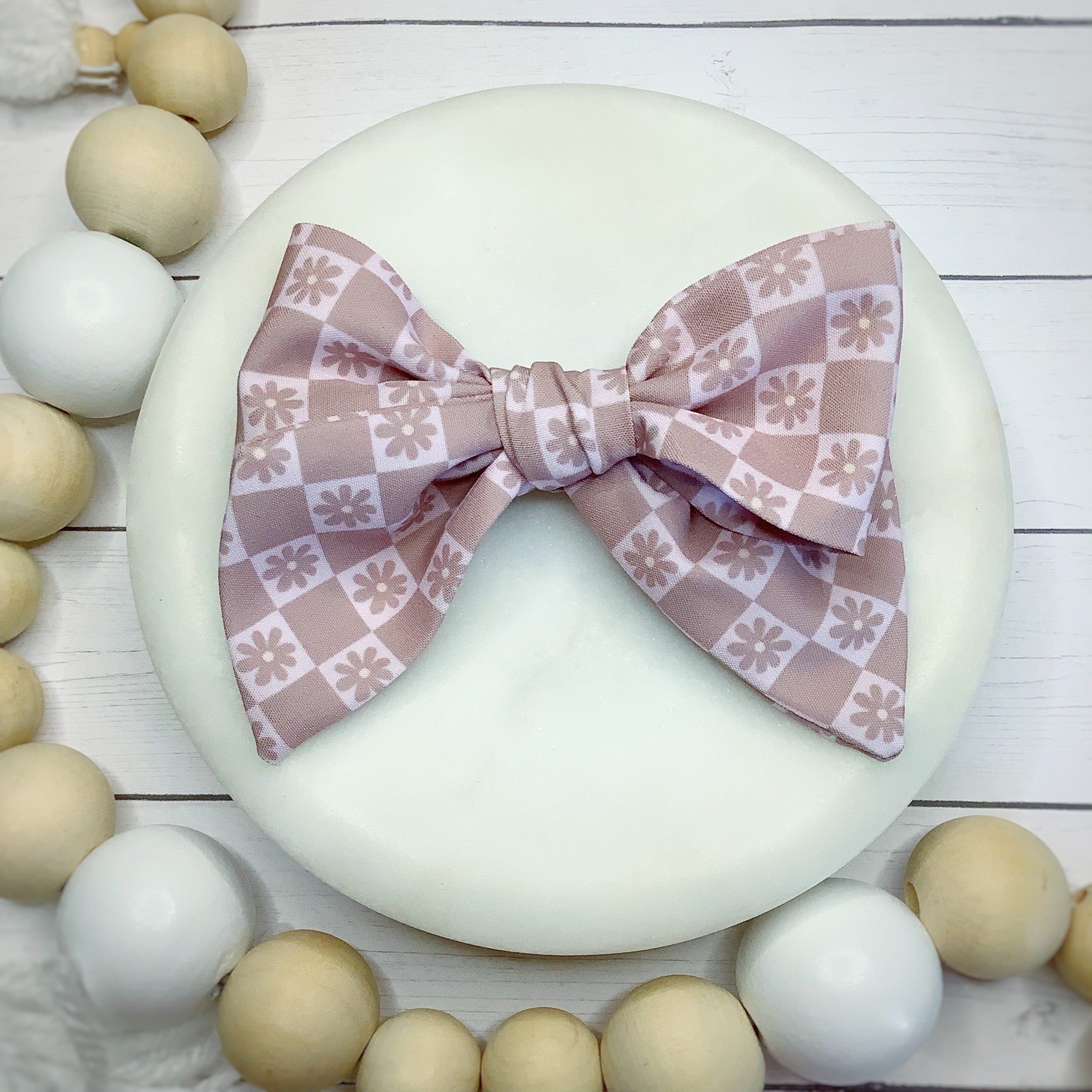 Neutral Checkered Daisies Bow Strip, Headband and Scrunchie Collection