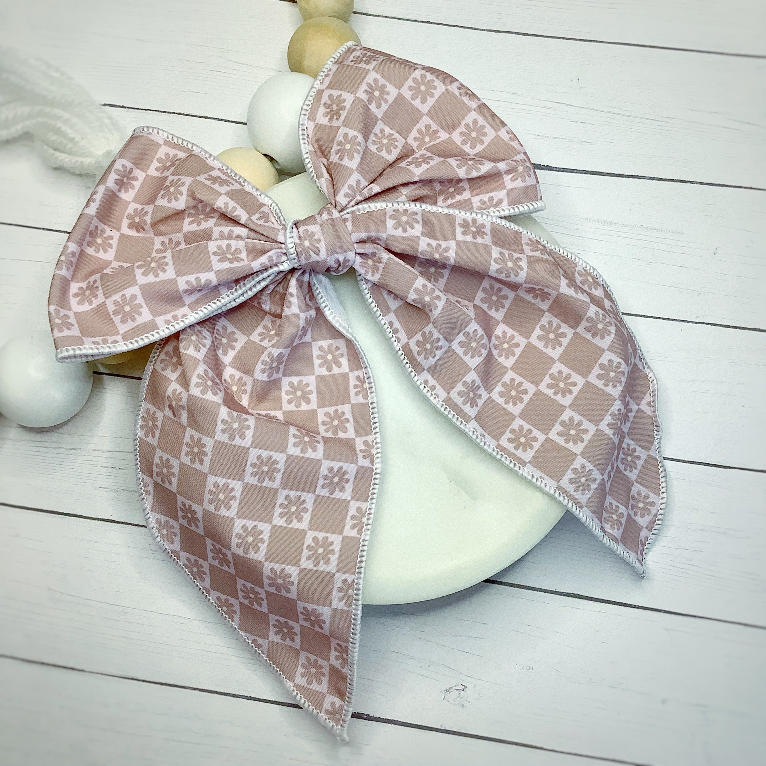 Neutral Checkered Daisies Bow Strip, Headband and Scrunchie Collection