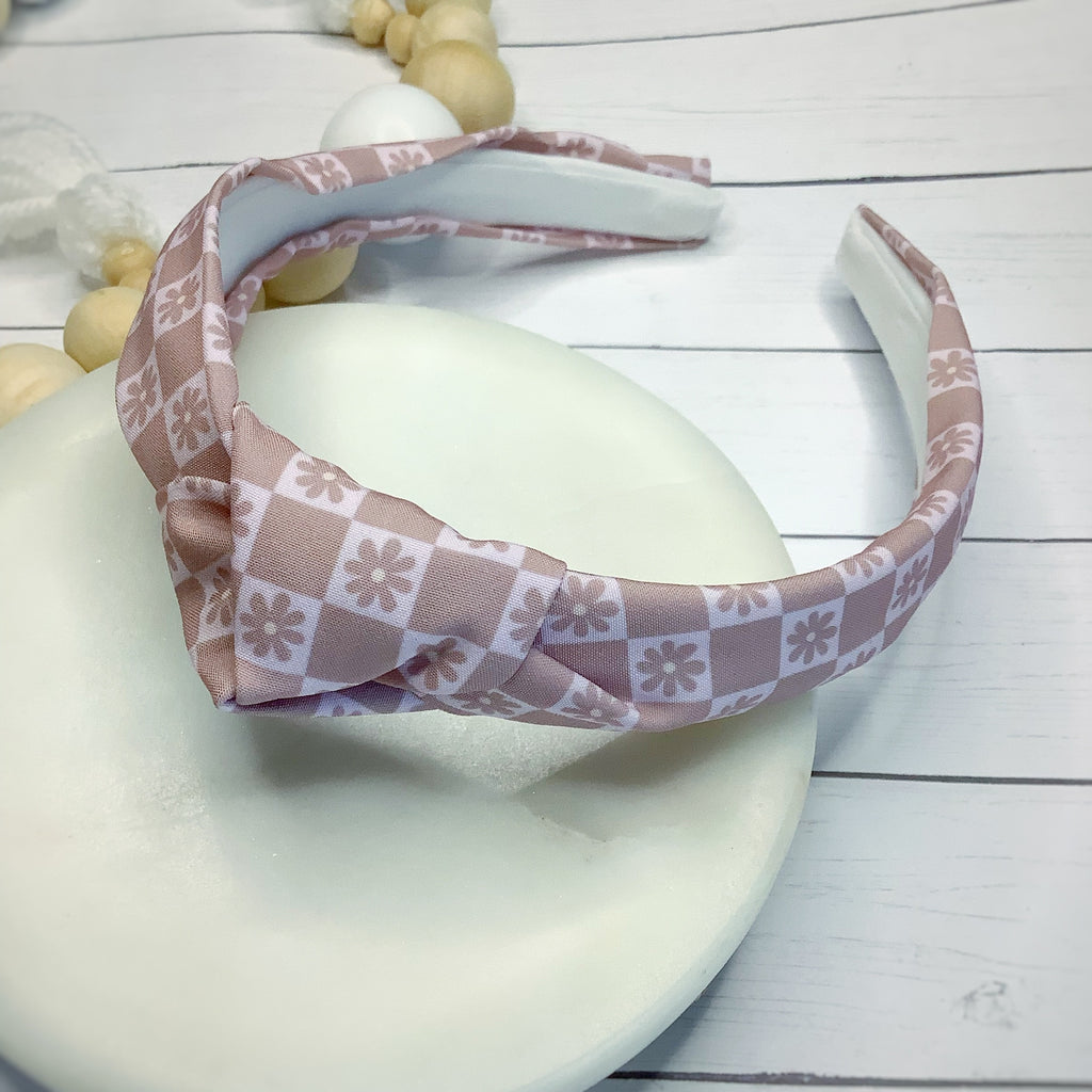Neutral Checkered Daisies Bow Strip, Headband and Scrunchie Collection