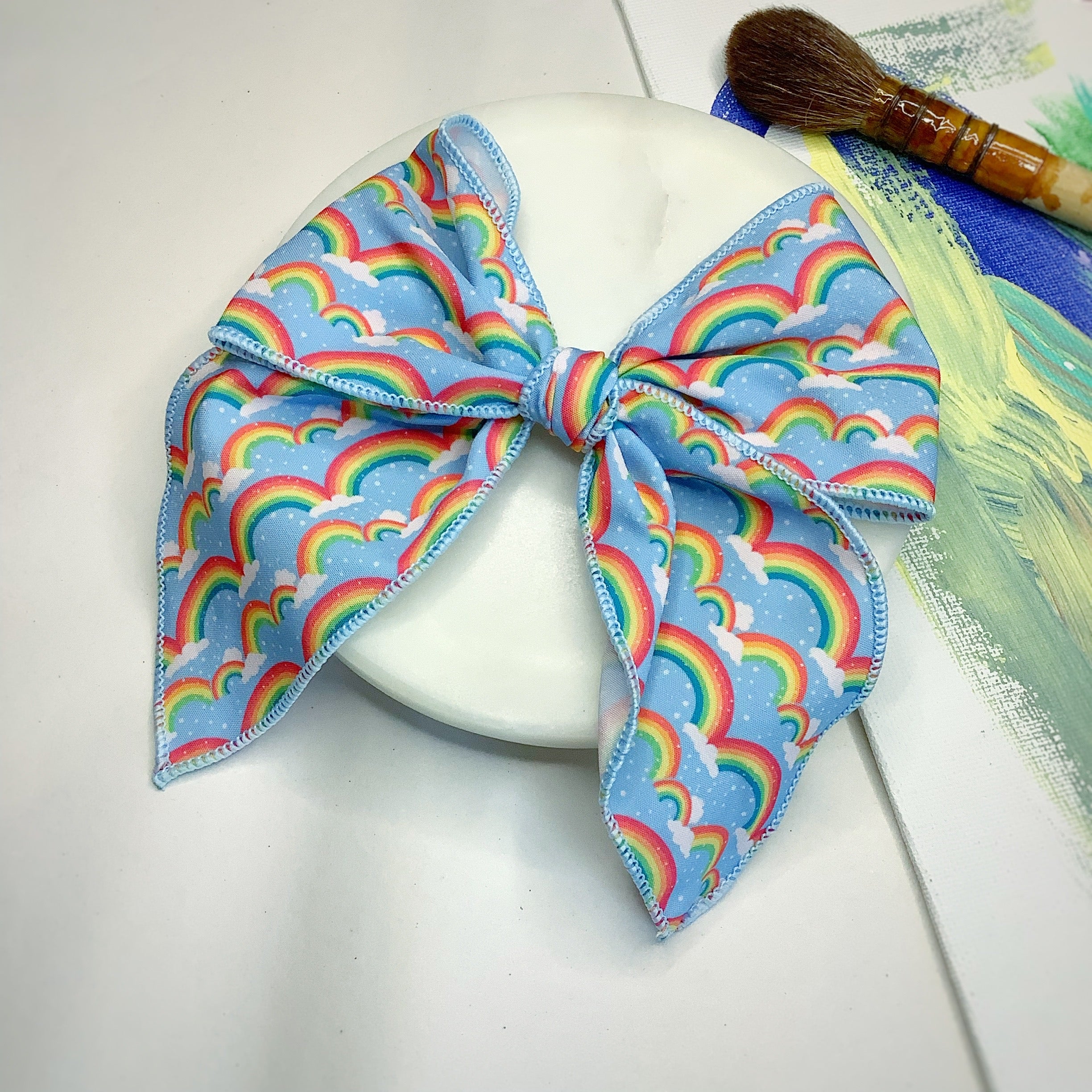 Sky Blue Rainbow Bow Strip, Baby Headwrap and Scrunchie Collection