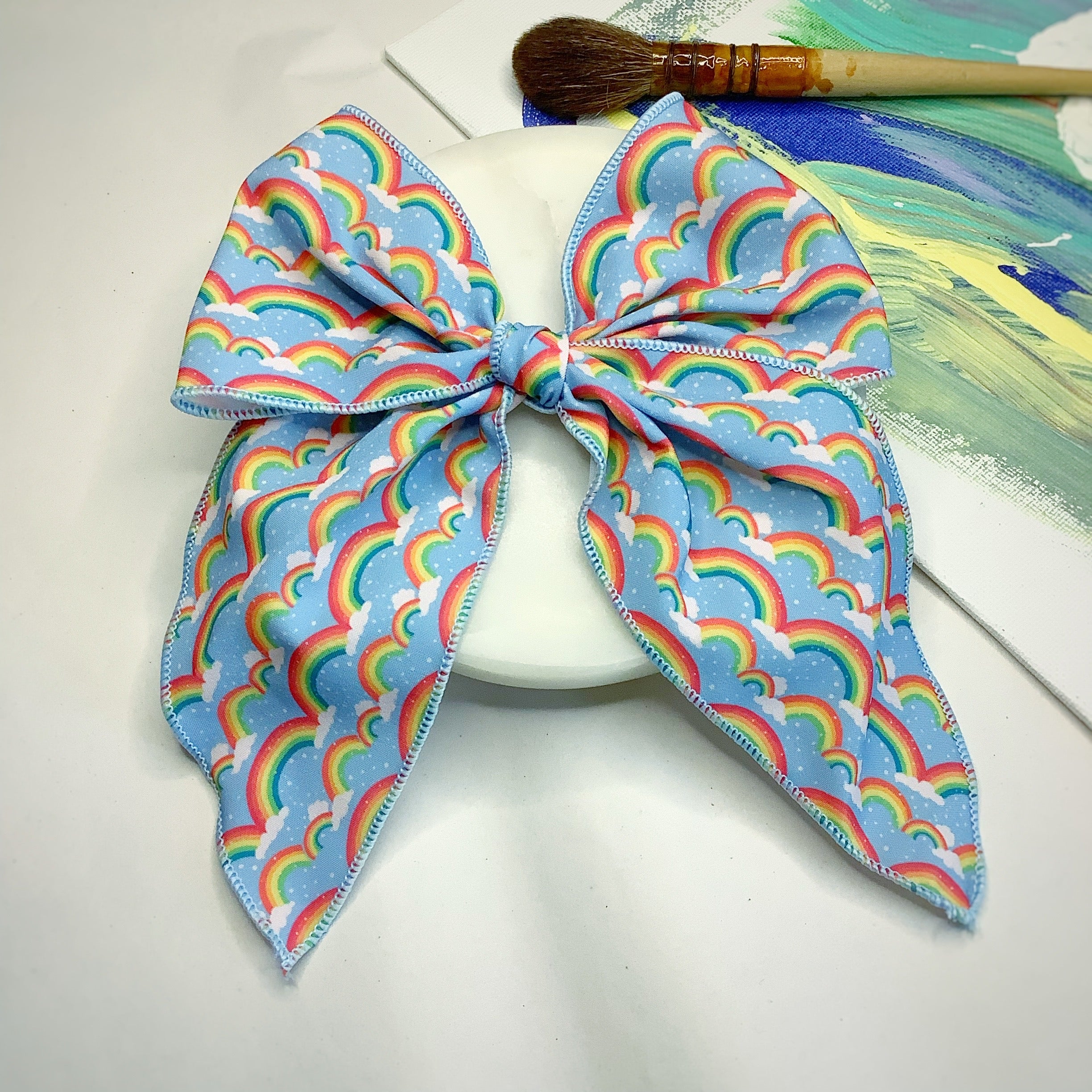 Sky Blue Rainbow Bow Strip, Baby Headwrap and Scrunchie Collection