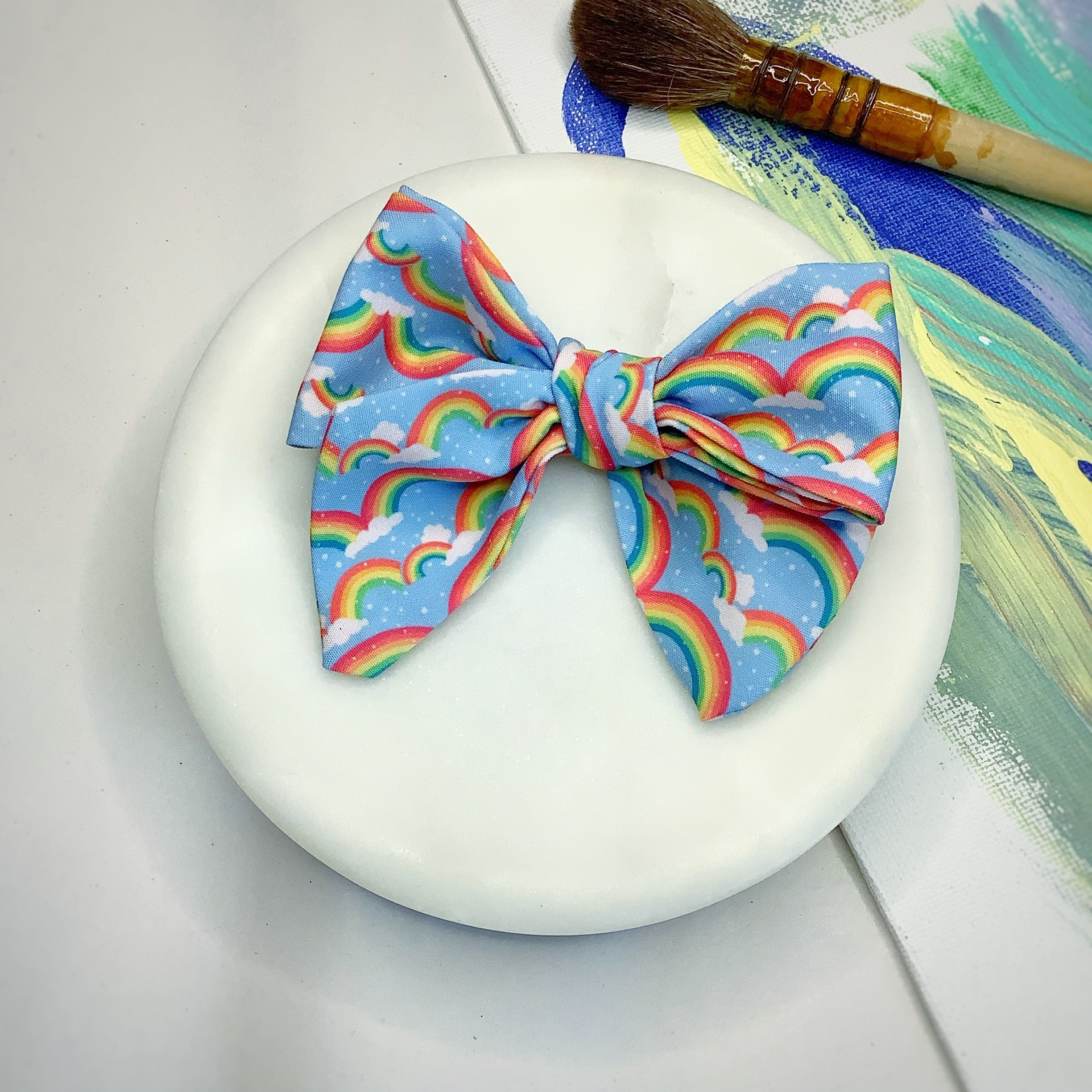 Sky Blue Rainbow Bow Strip, Baby Headwrap and Scrunchie Collection