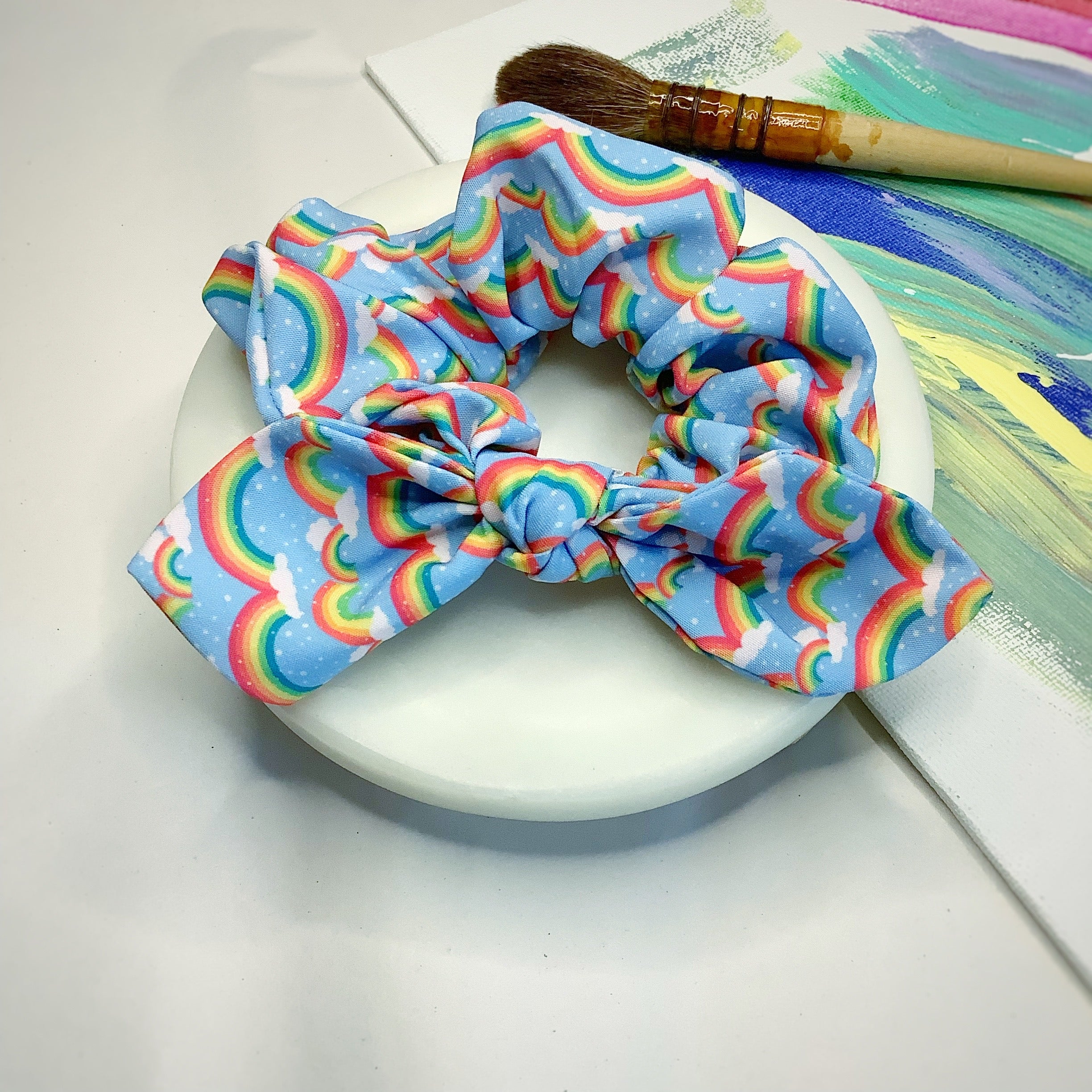 Sky Blue Rainbow Bow Strip, Baby Headwrap and Scrunchie Collection