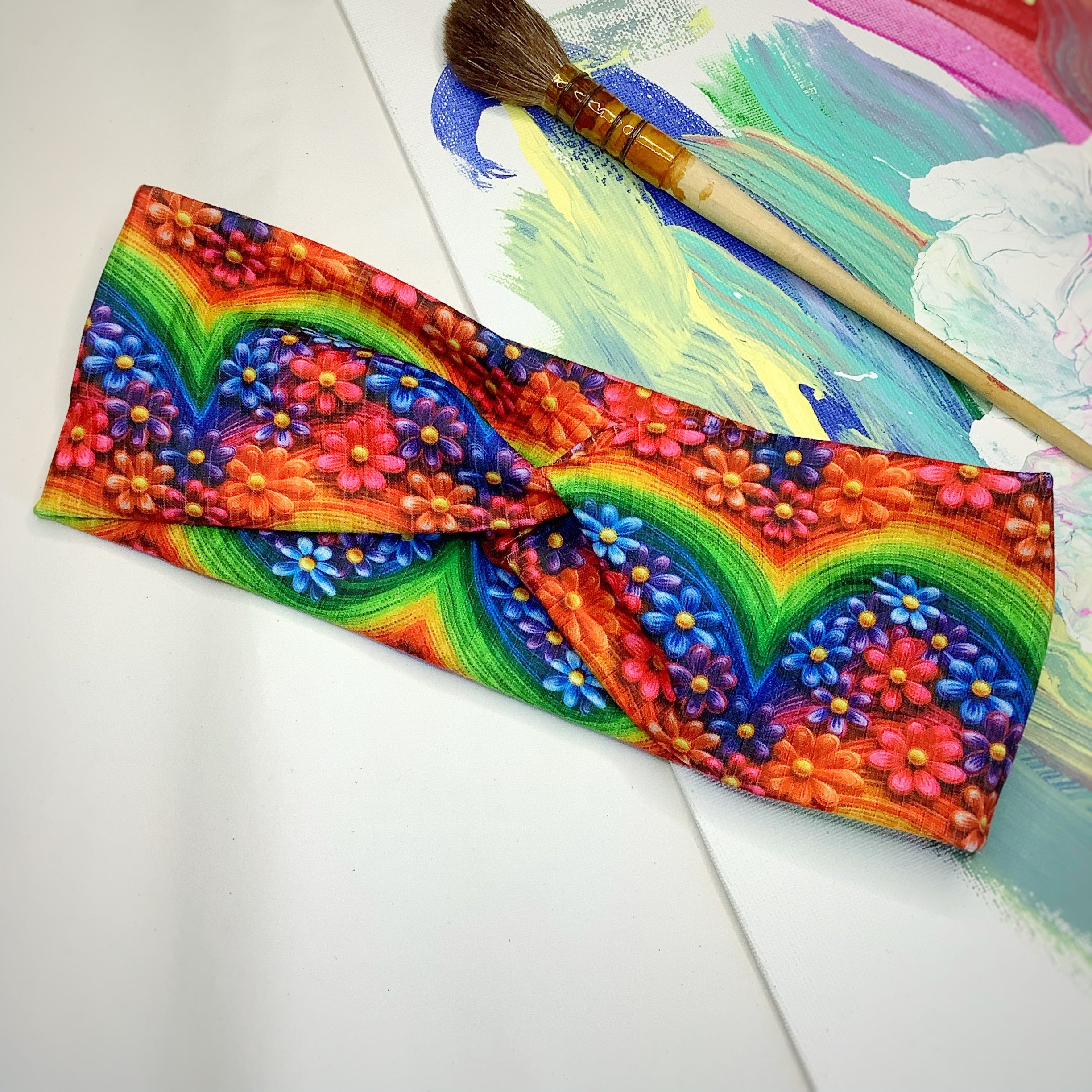 Embroidered-Look Floral Rainbows Bow Strip, Headband and Scrunchie Collection