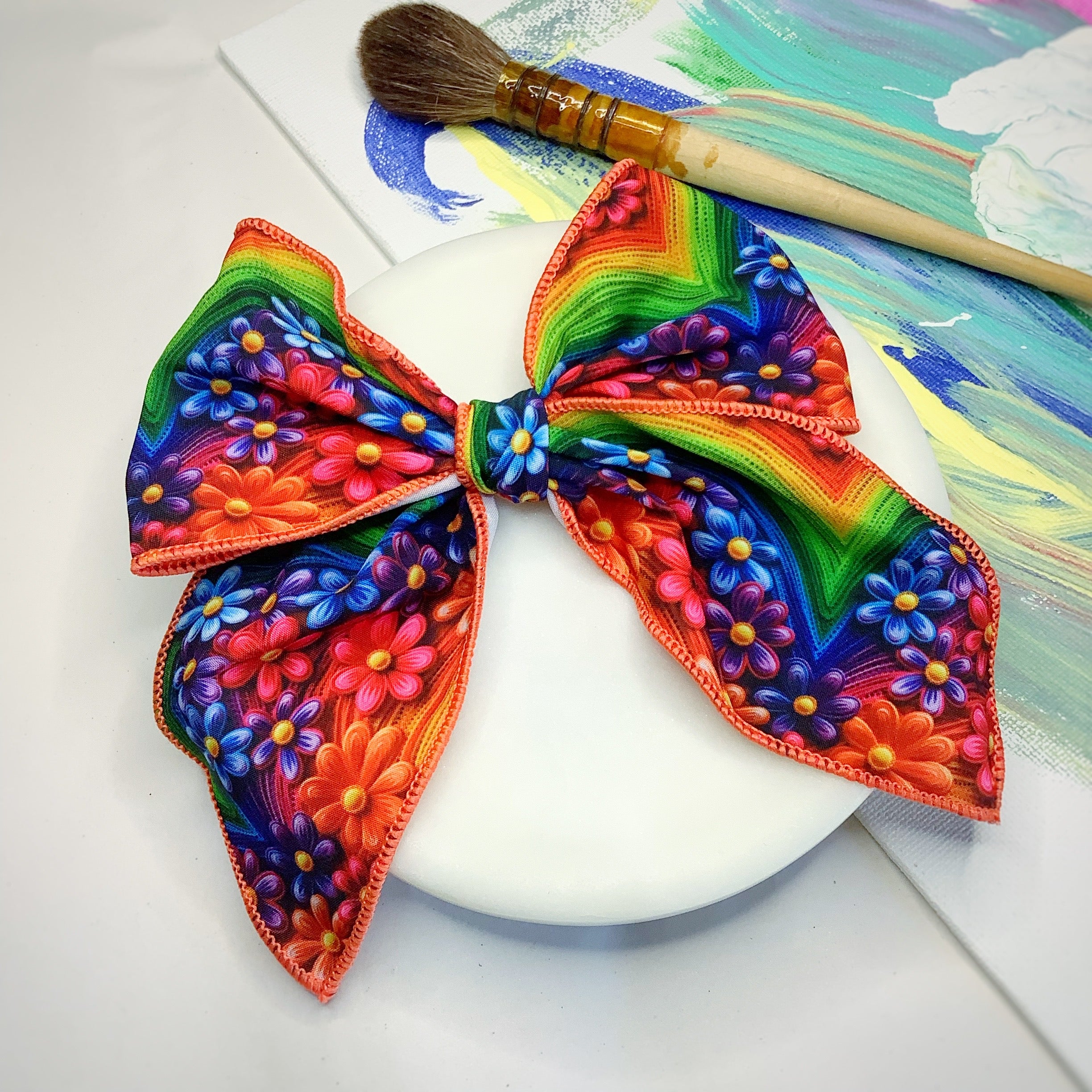 Embroidered-Look Floral Rainbows Bow Strip, Headband and Scrunchie Collection