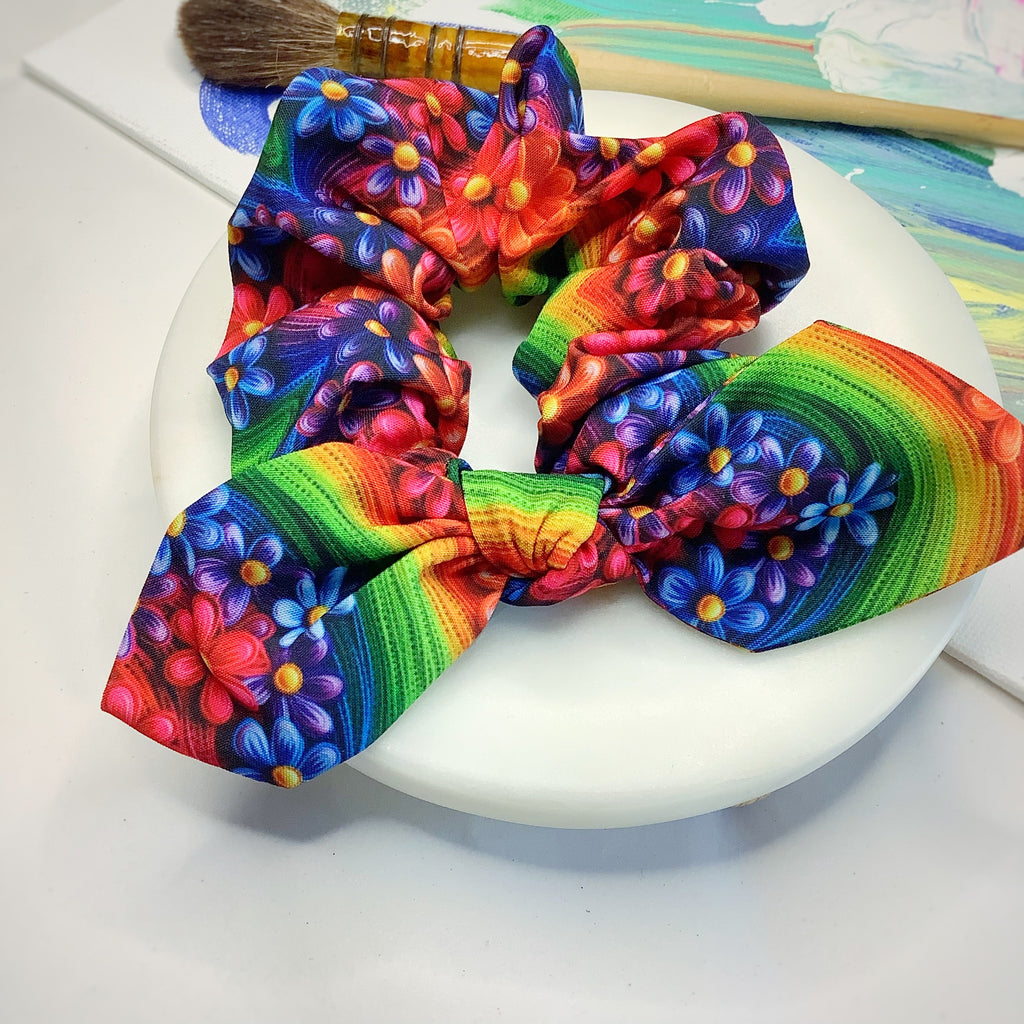 Embroidered-Look Floral Rainbows Bow Strip, Headband and Scrunchie Collection