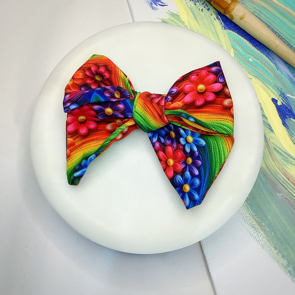Embroidered-Look Floral Rainbows Bow Strip, Headband and Scrunchie Collection