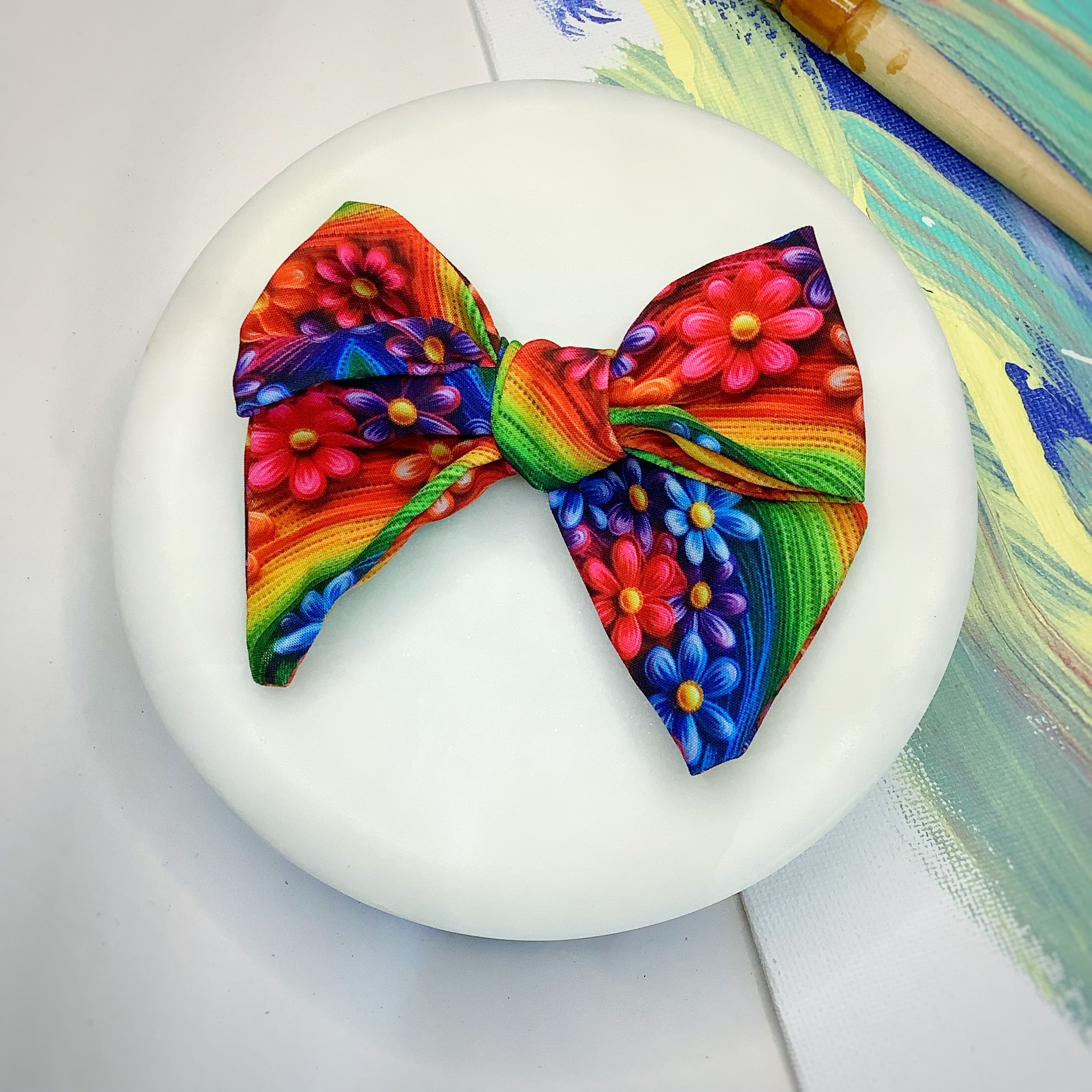 Embroidered-Look Floral Rainbows Bow Strip, Headband and Scrunchie Collection