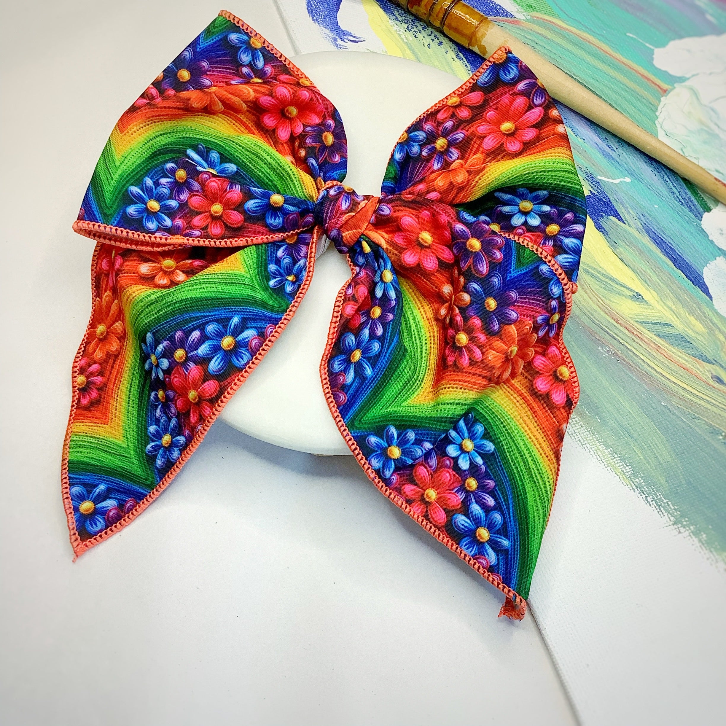Embroidered-Look Floral Rainbows Bow Strip, Headband and Scrunchie Collection