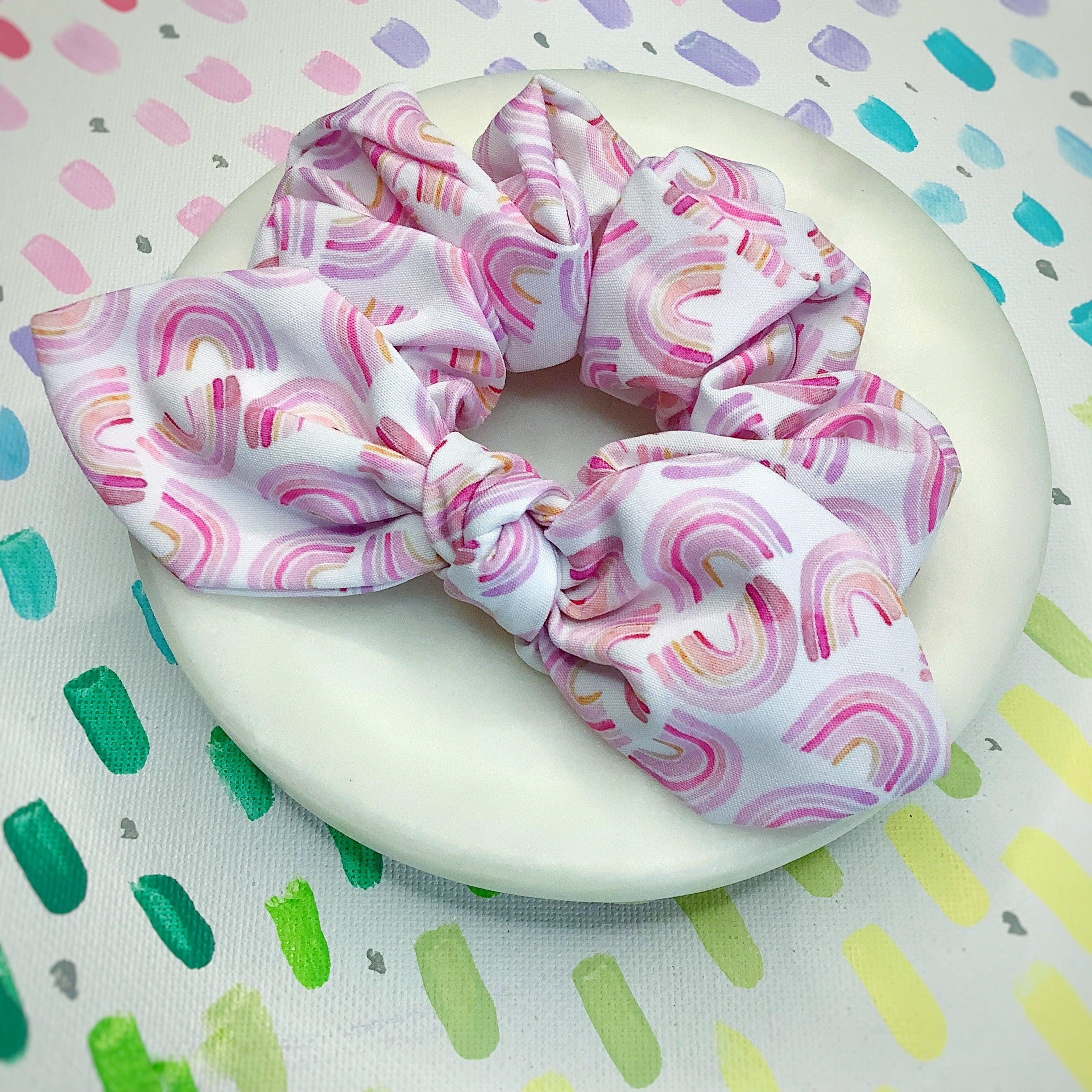 Pink Rainbow Bow Strip, Baby Headwrap and Scrunchie Collection