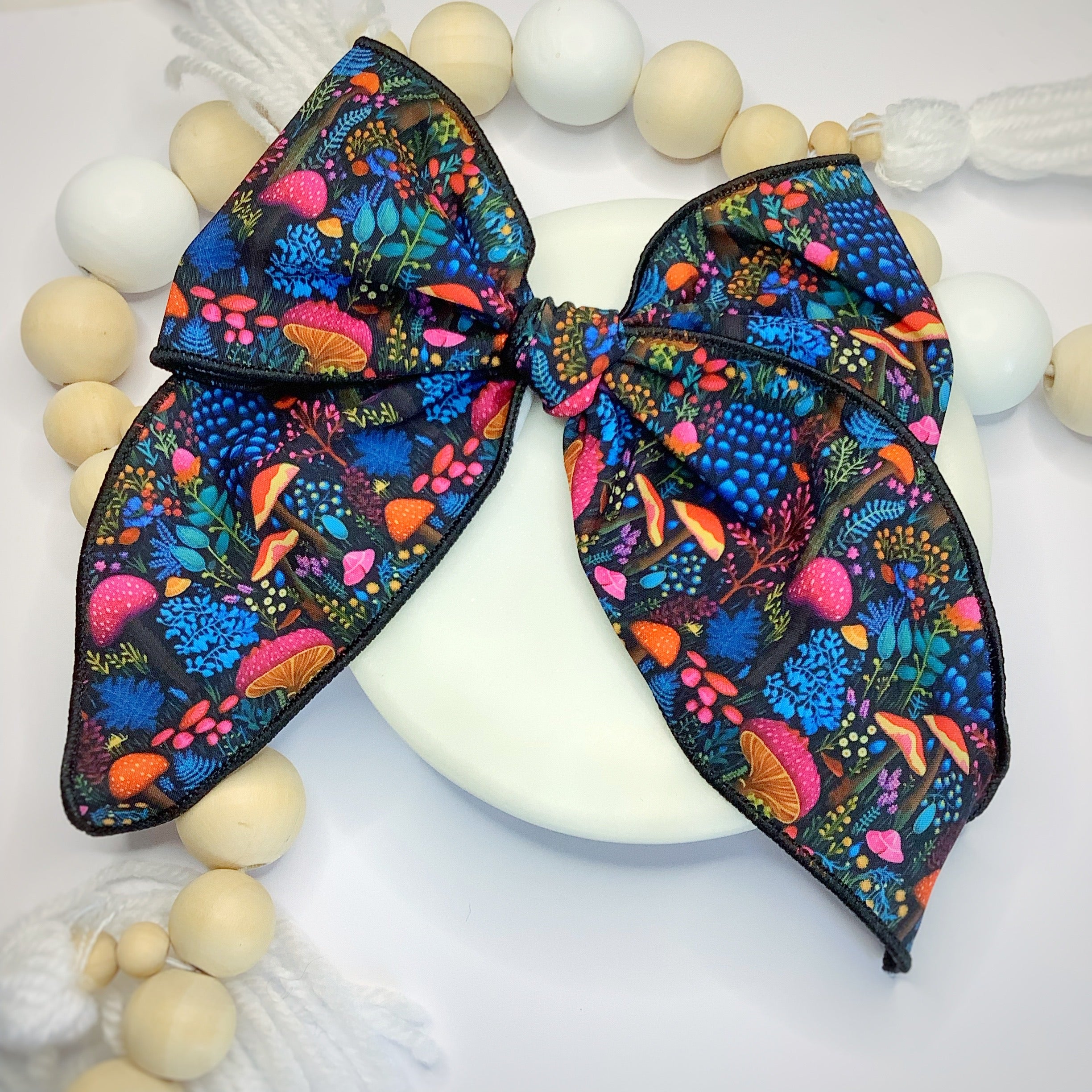 Embroidered-Look Rainbow Mushrooms Bow Strip, Headband and Scrunchie Collection