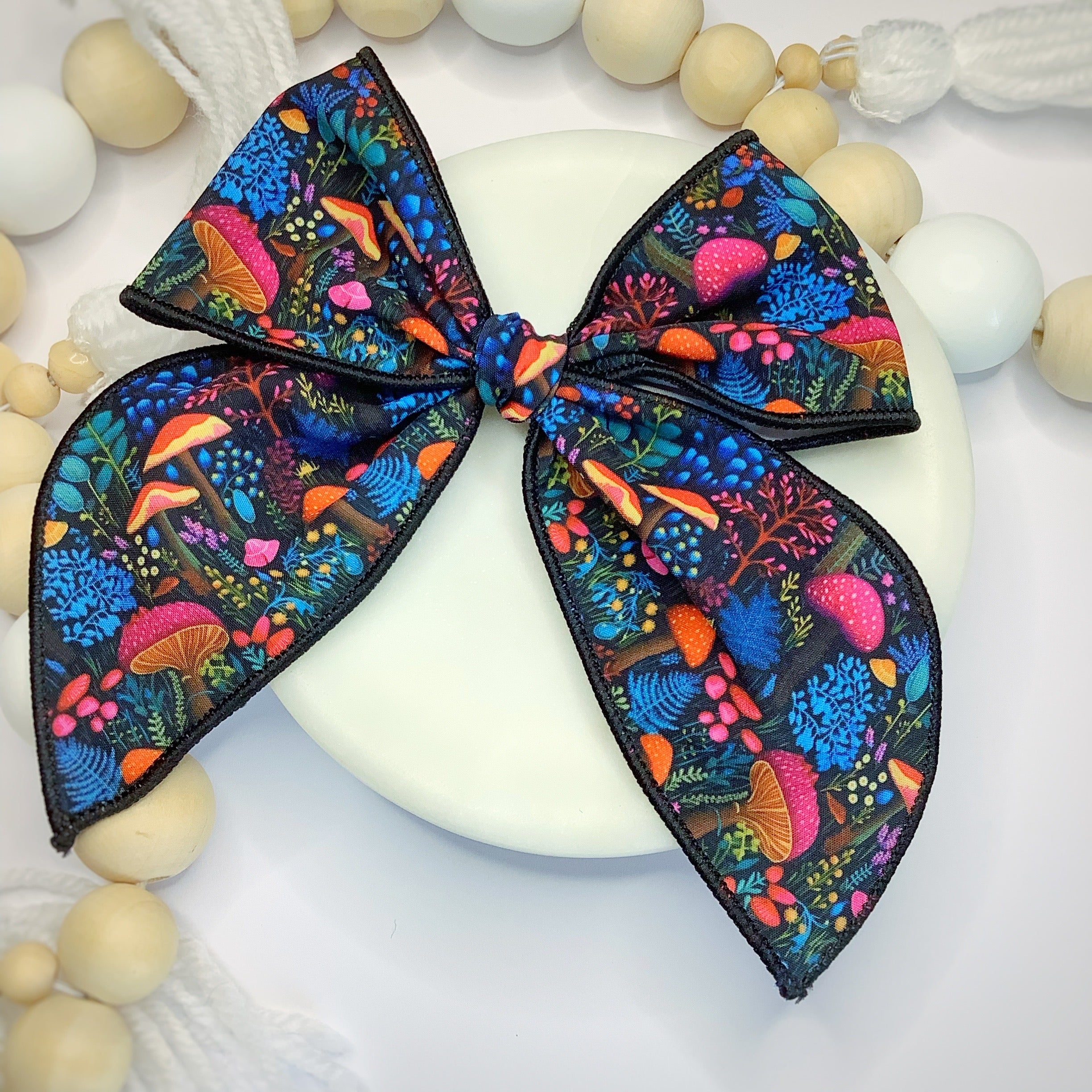 Embroidered-Look Rainbow Mushrooms Bow Strip, Headband and Scrunchie Collection