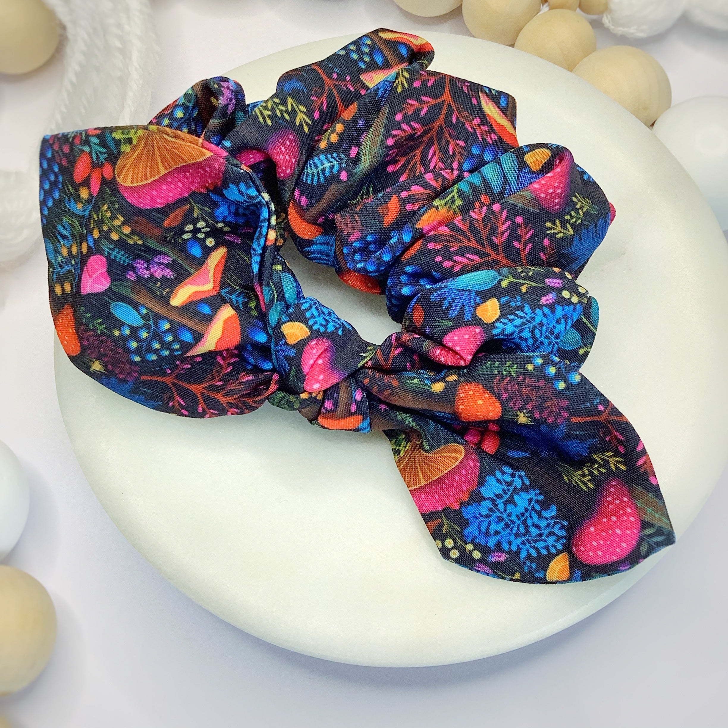 Embroidered-Look Rainbow Mushrooms Bow Strip, Headband and Scrunchie Collection