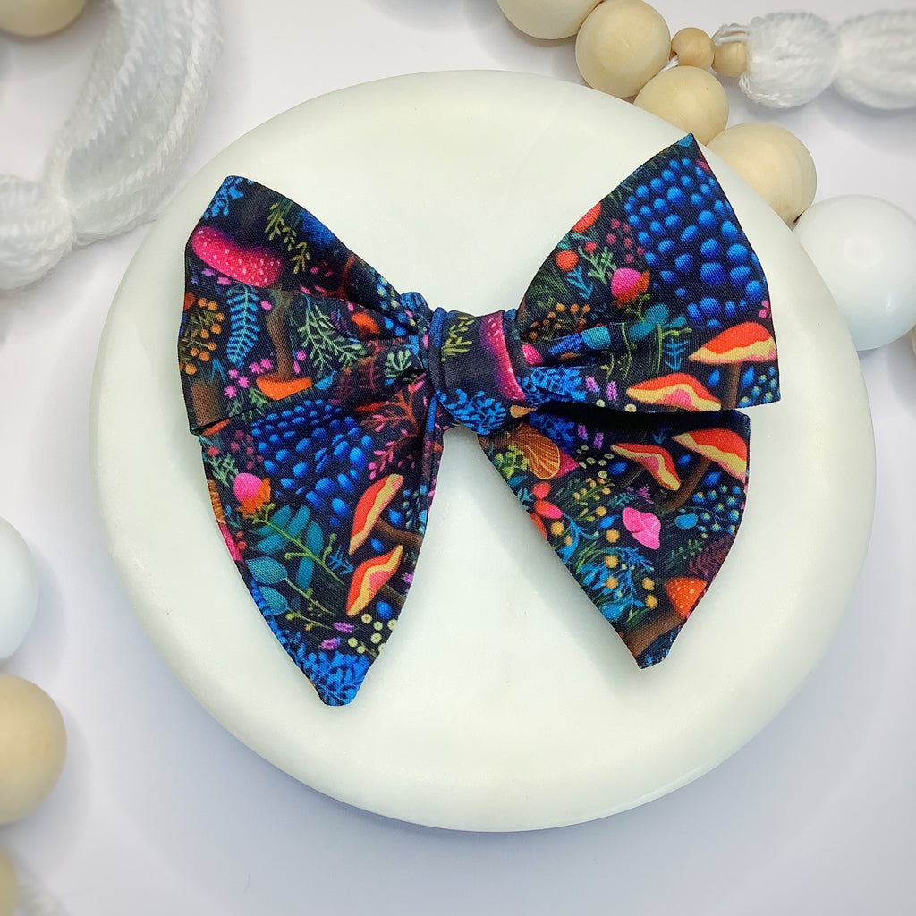 Embroidered-Look Rainbow Mushrooms Bow Strip, Headband and Scrunchie Collection
