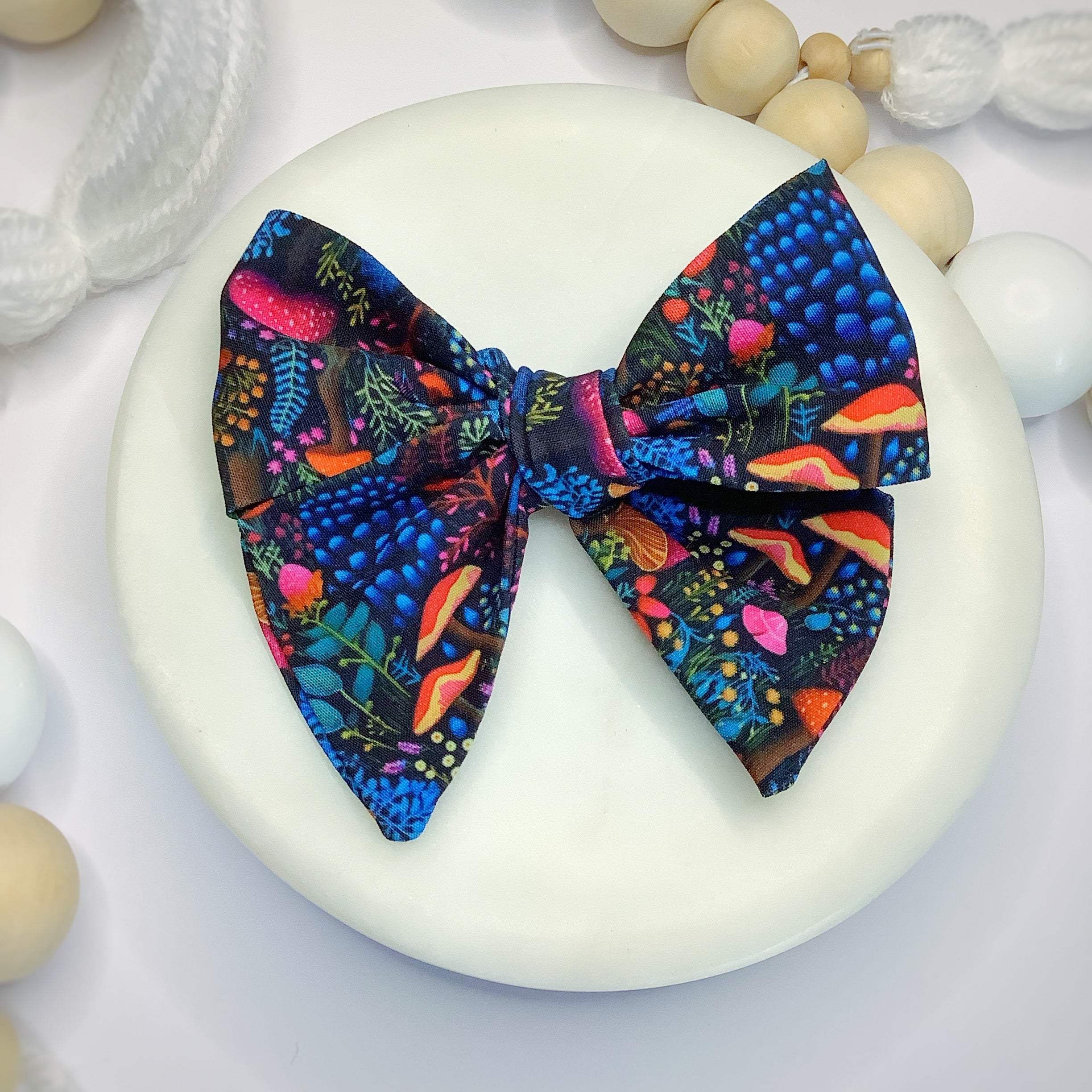 Embroidered-Look Rainbow Mushrooms Bow Strip, Headband and Scrunchie Collection
