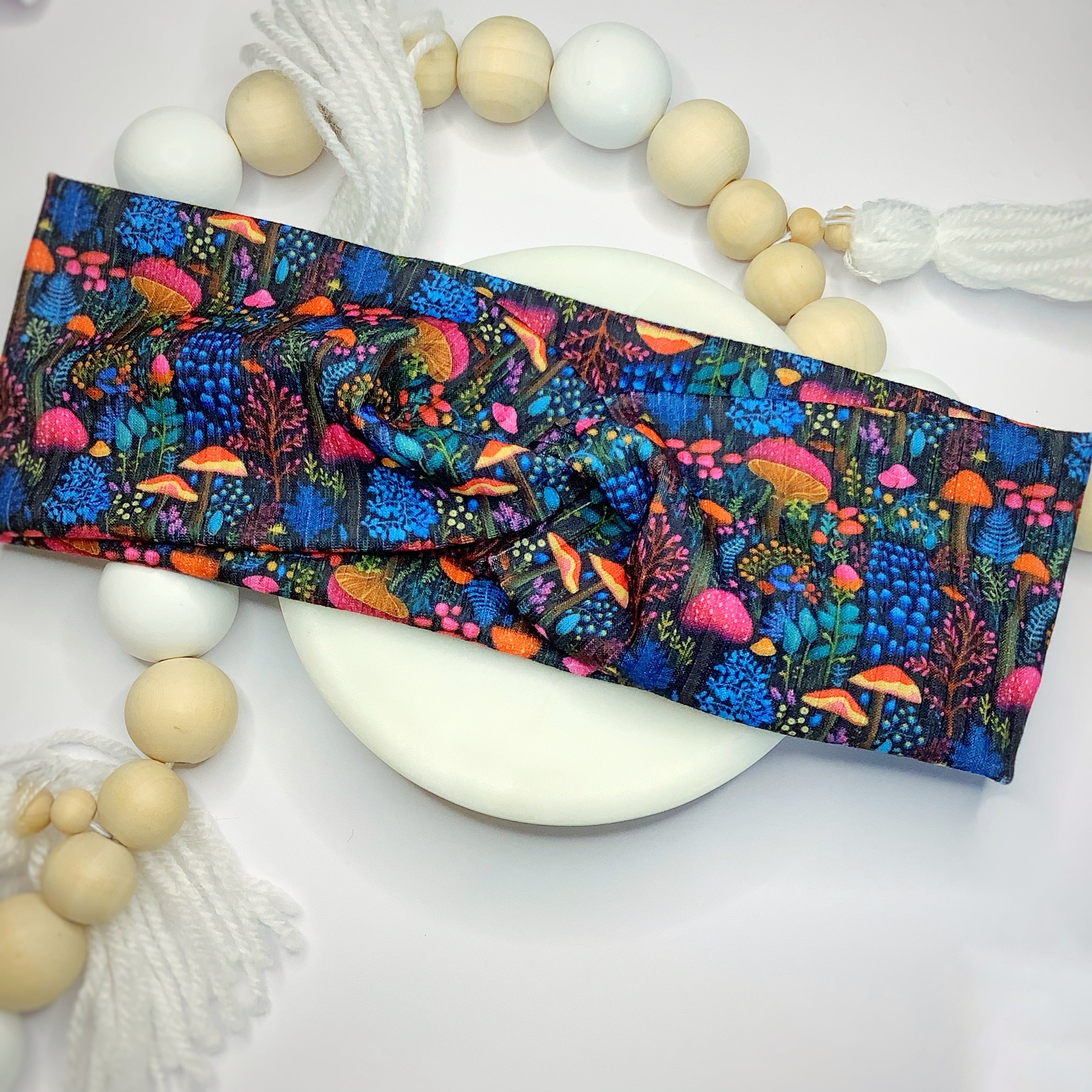 Embroidered-Look Rainbow Mushrooms Bow Strip, Headband and Scrunchie Collection