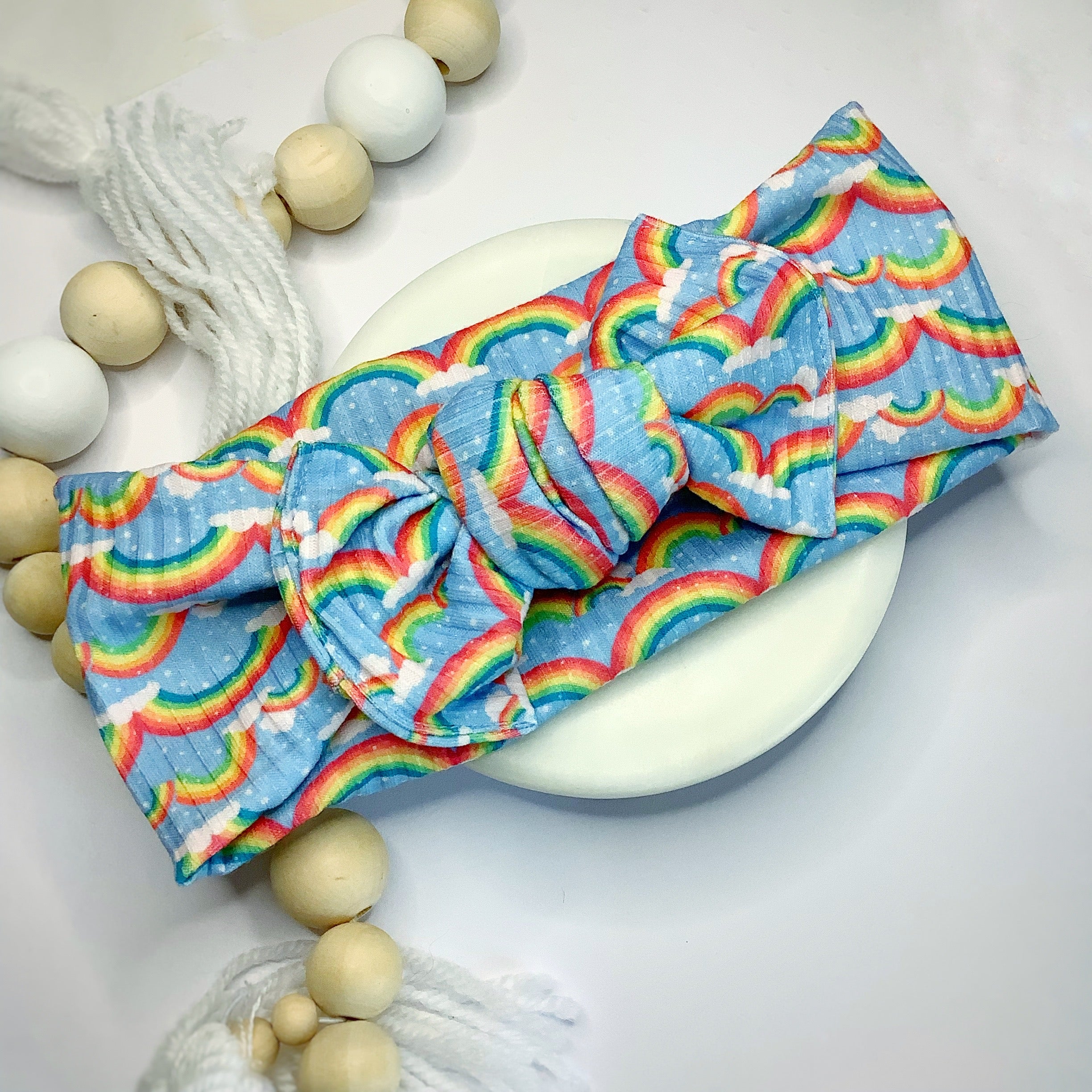 Sky Blue Rainbow Bow Strip, Baby Headwrap and Scrunchie Collection