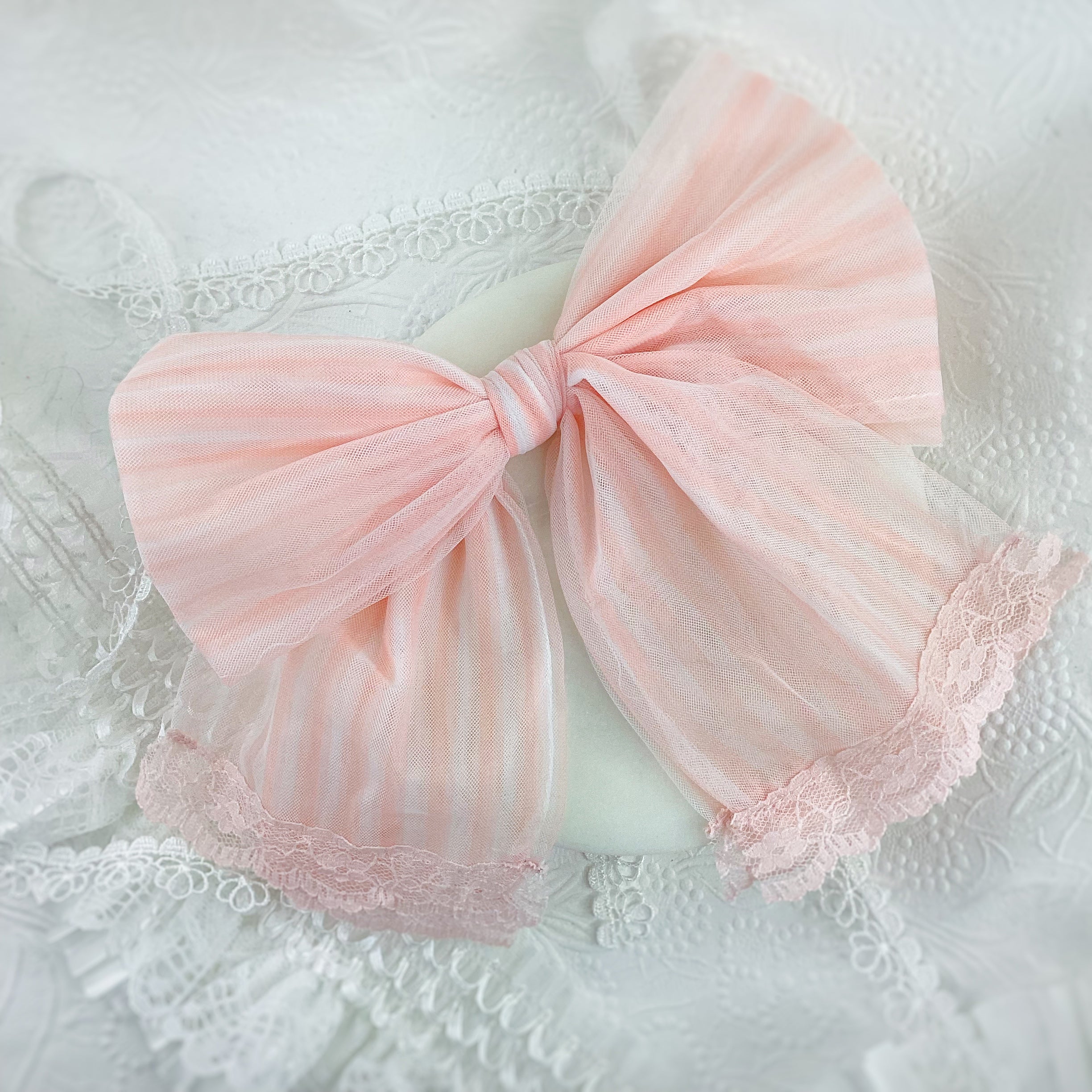 Pink and White Stripe Fluffy Tulle Bows