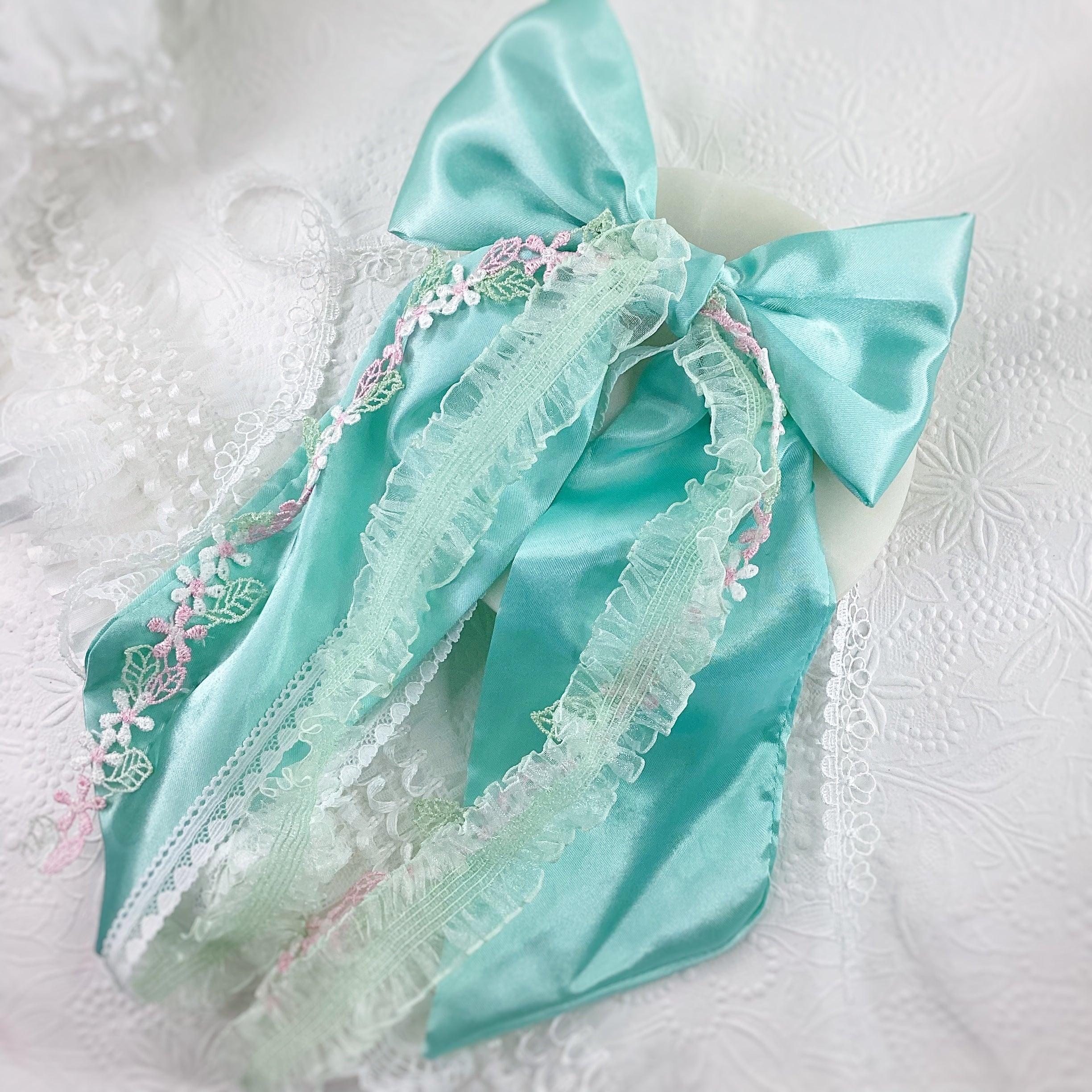 Mint Floral Satin OTT Finished Bow