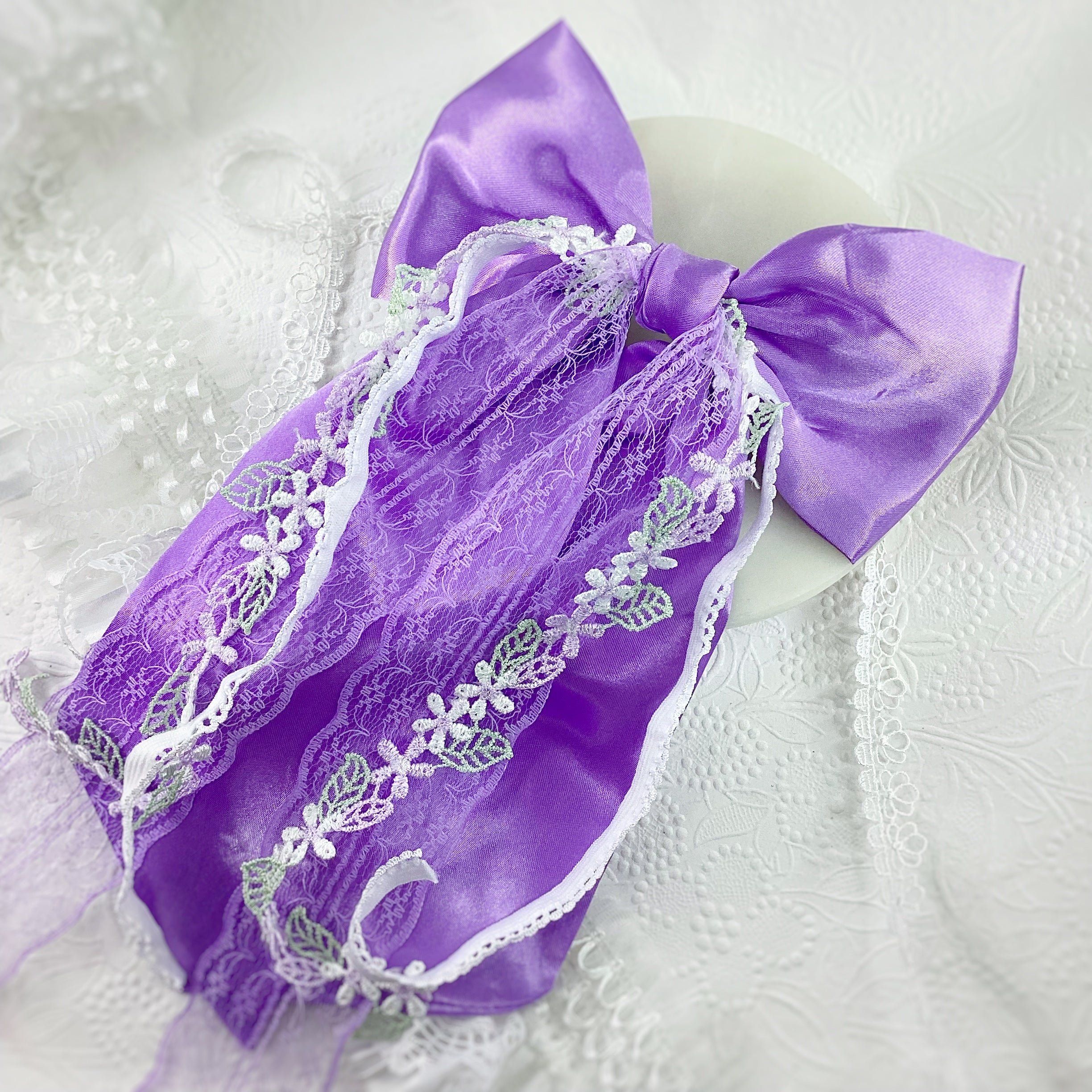 Purple Floral Satin OTT Finished Bow