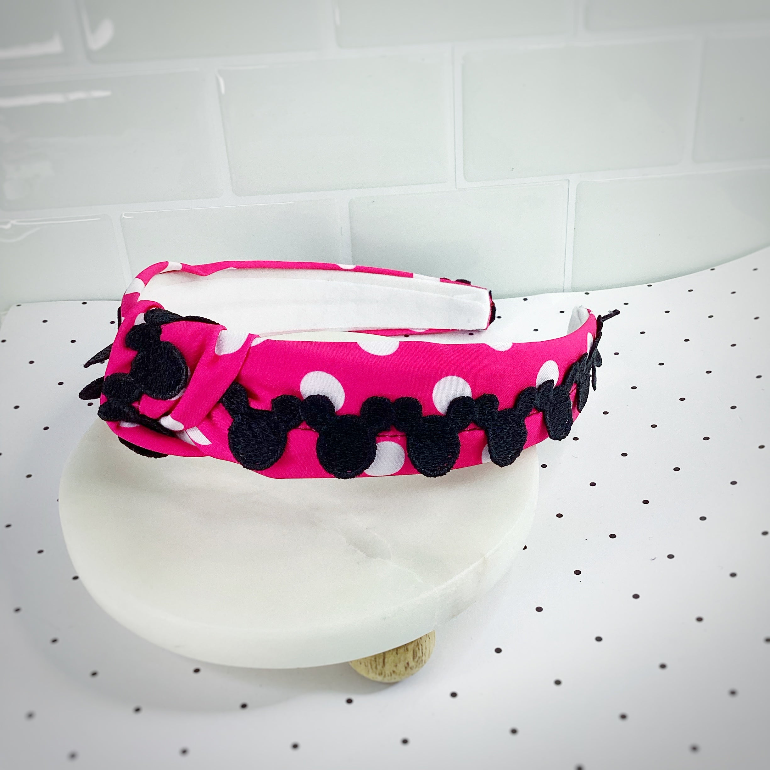 Pink Polka Dot Mouse Bow Strip, Headband and Scrunchie Collection
