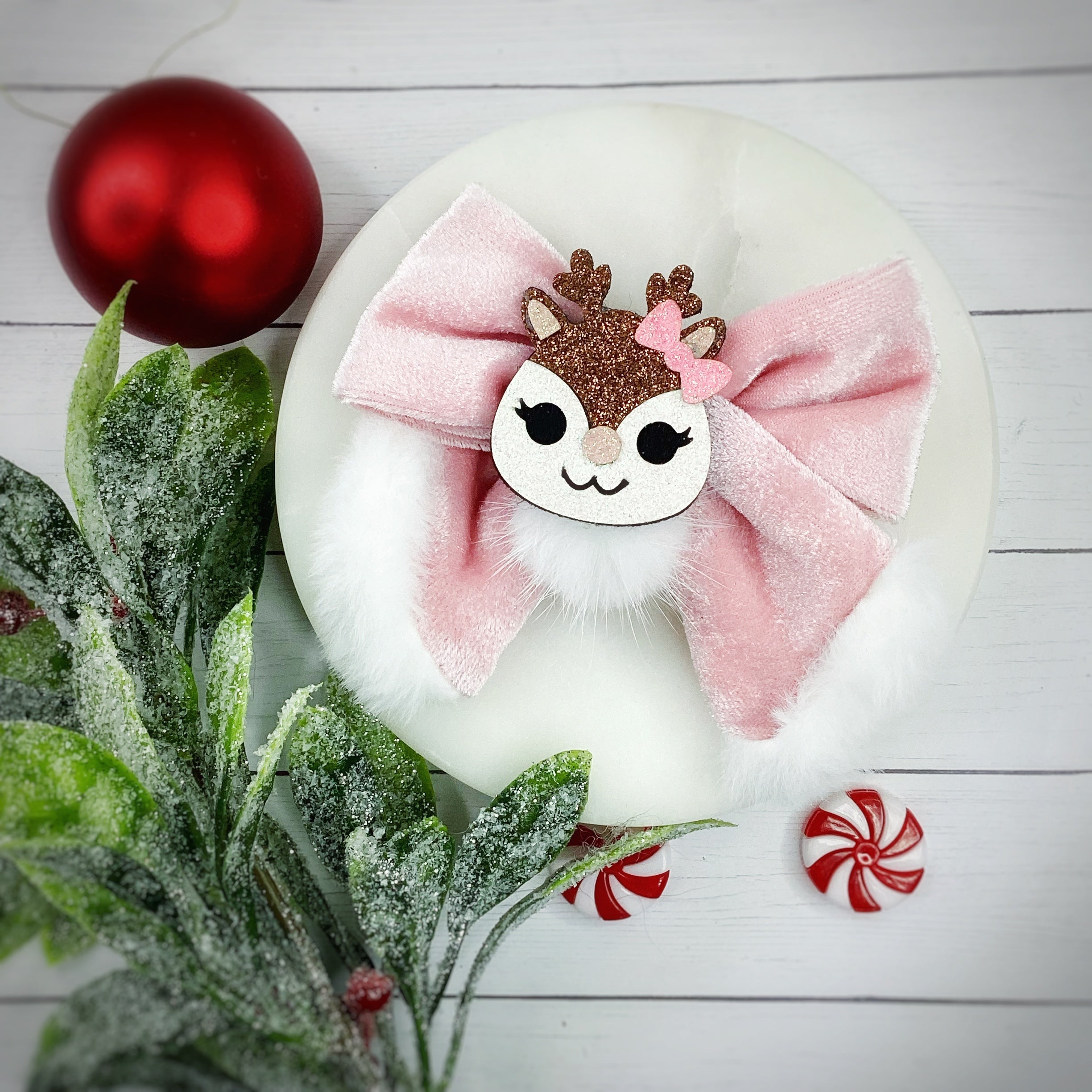 Velvet Pink Reindeer Pre-Tied Bow Strip