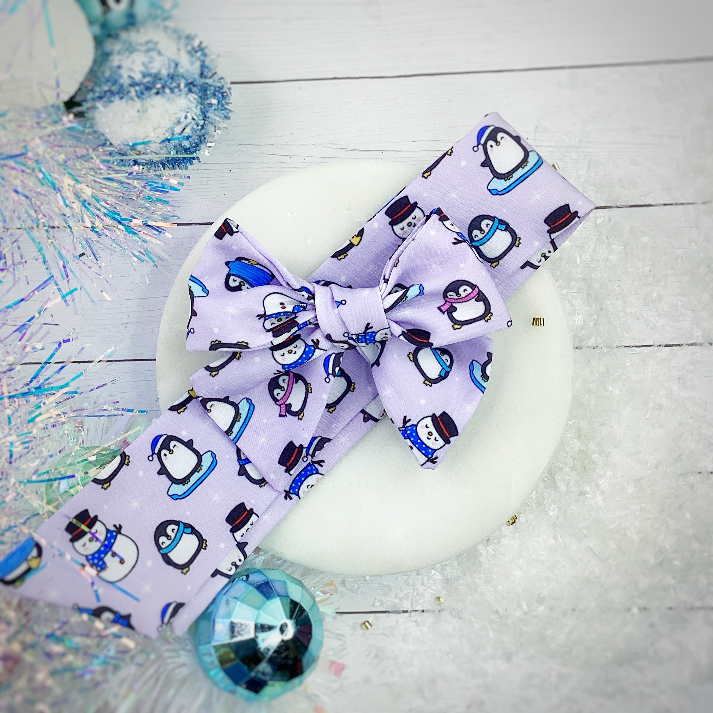 Penguins and Snowman Cuties Bow Strip and Scrunchie Collection