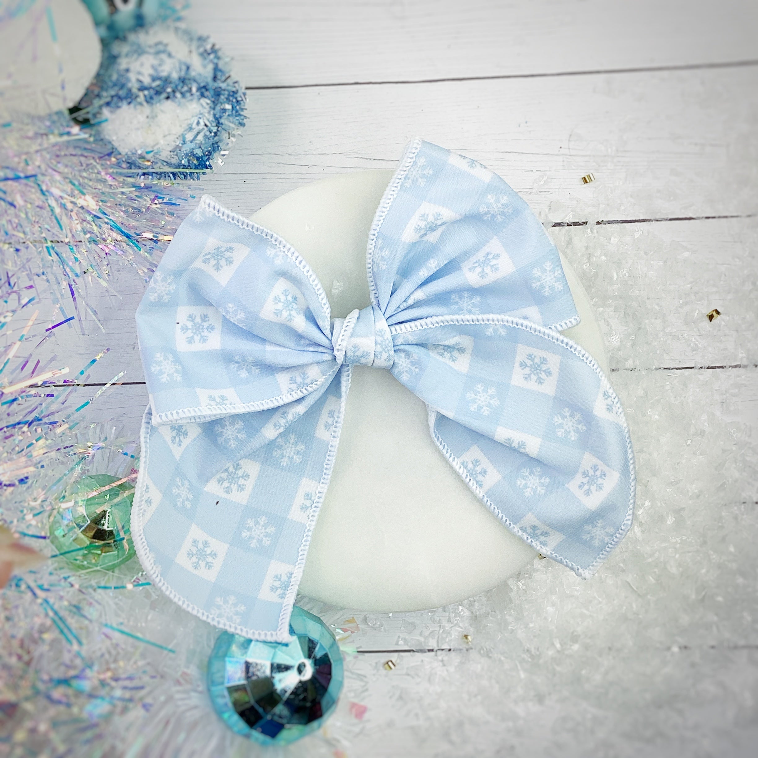 Snowflake Checker Bow Strip, Headband and Scrunchie Collection