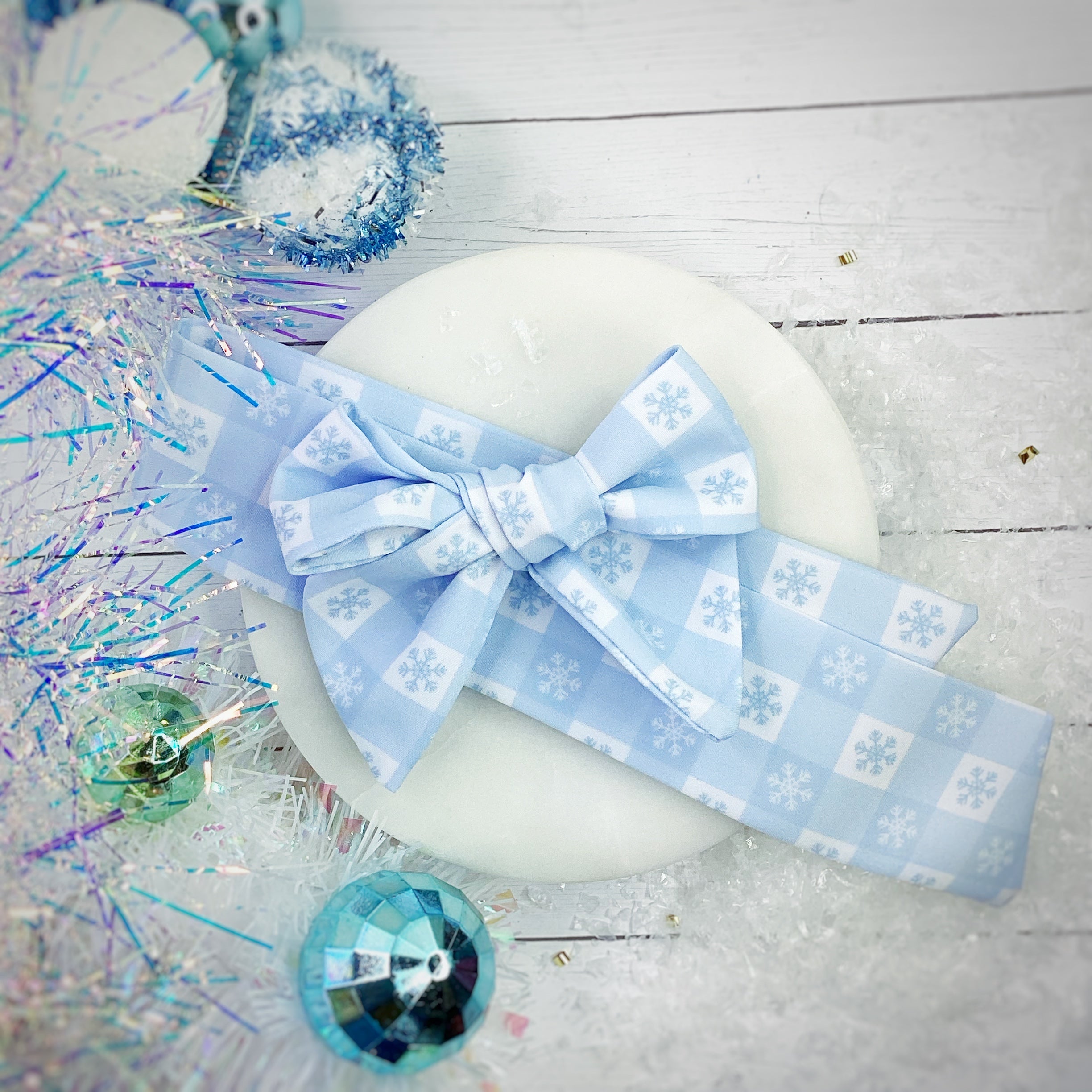 Snowflake Checker Bow Strip, Headband and Scrunchie Collection