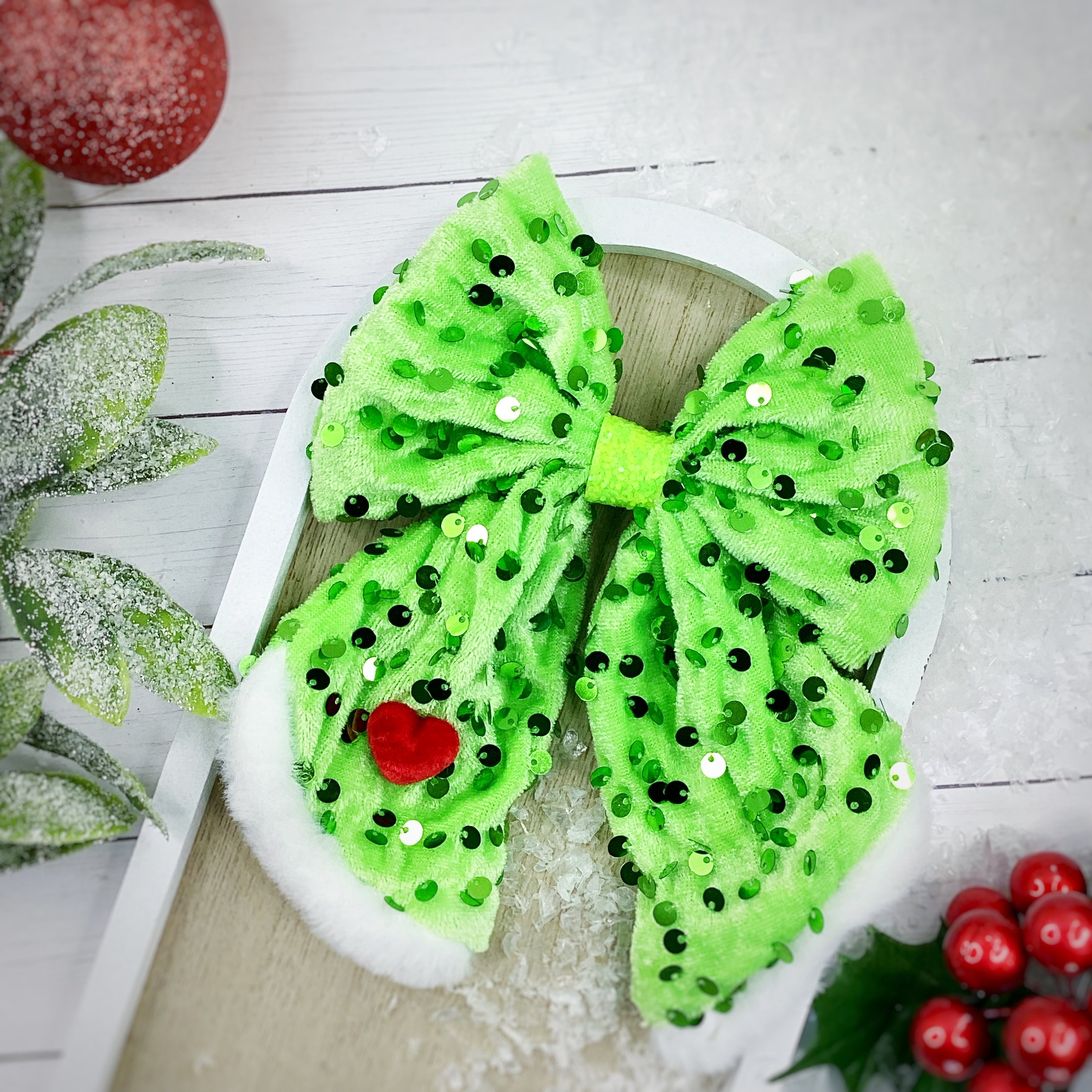 Sequin Green Bow with Red Heart