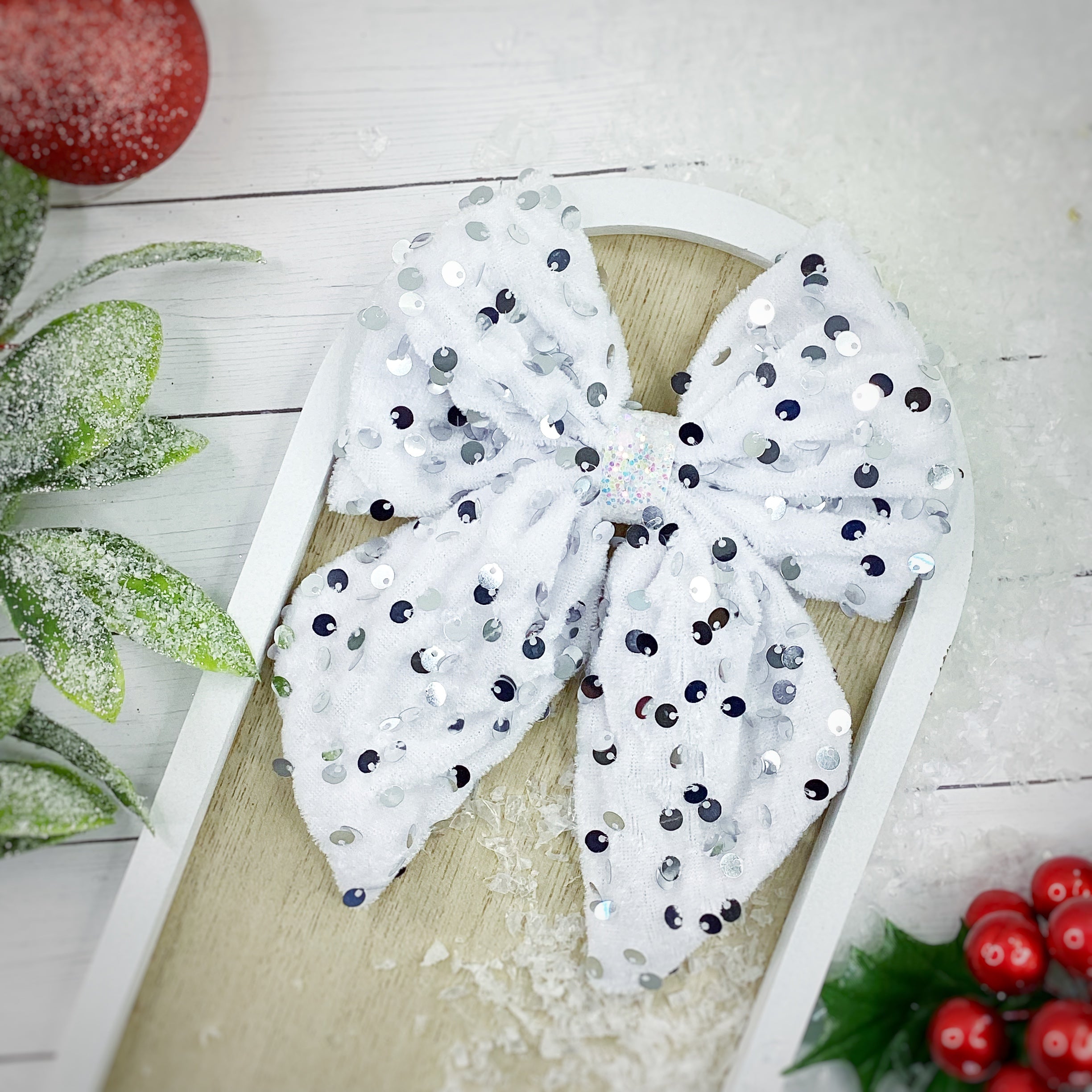 Sequin Silver with White Velvet Bow