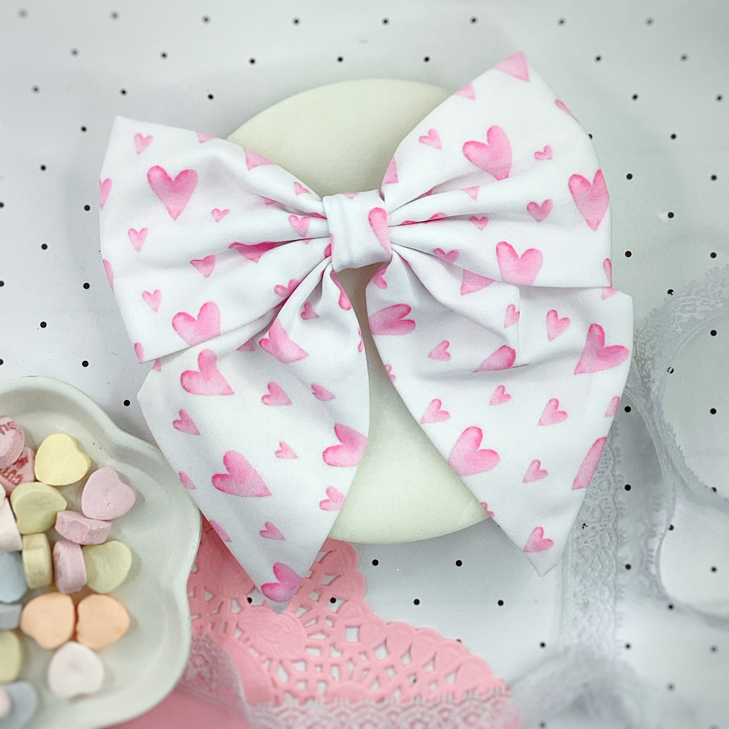 Pink Hearts on White Finished Bow