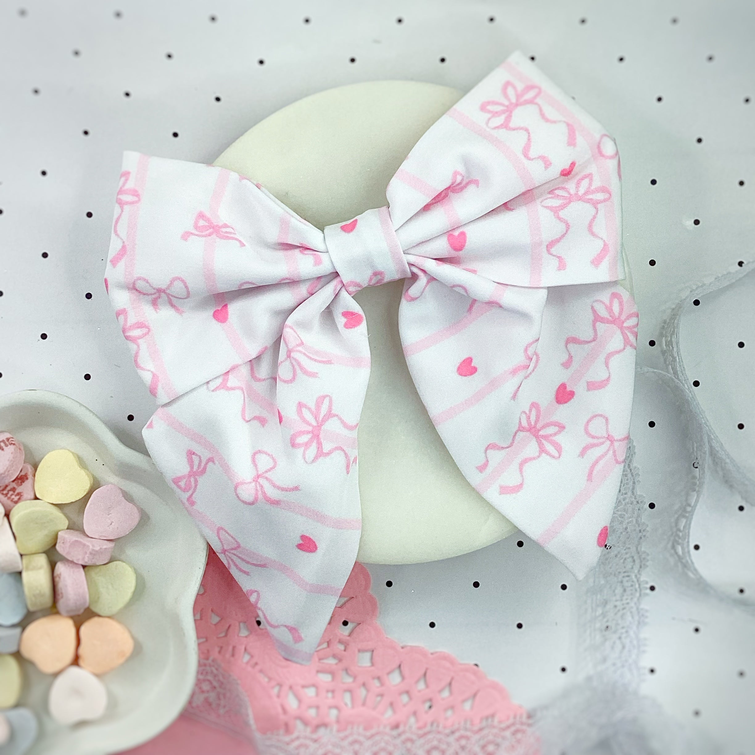 Pink Hearts and Coquette Stripes Finished Bow and Headband Collection
